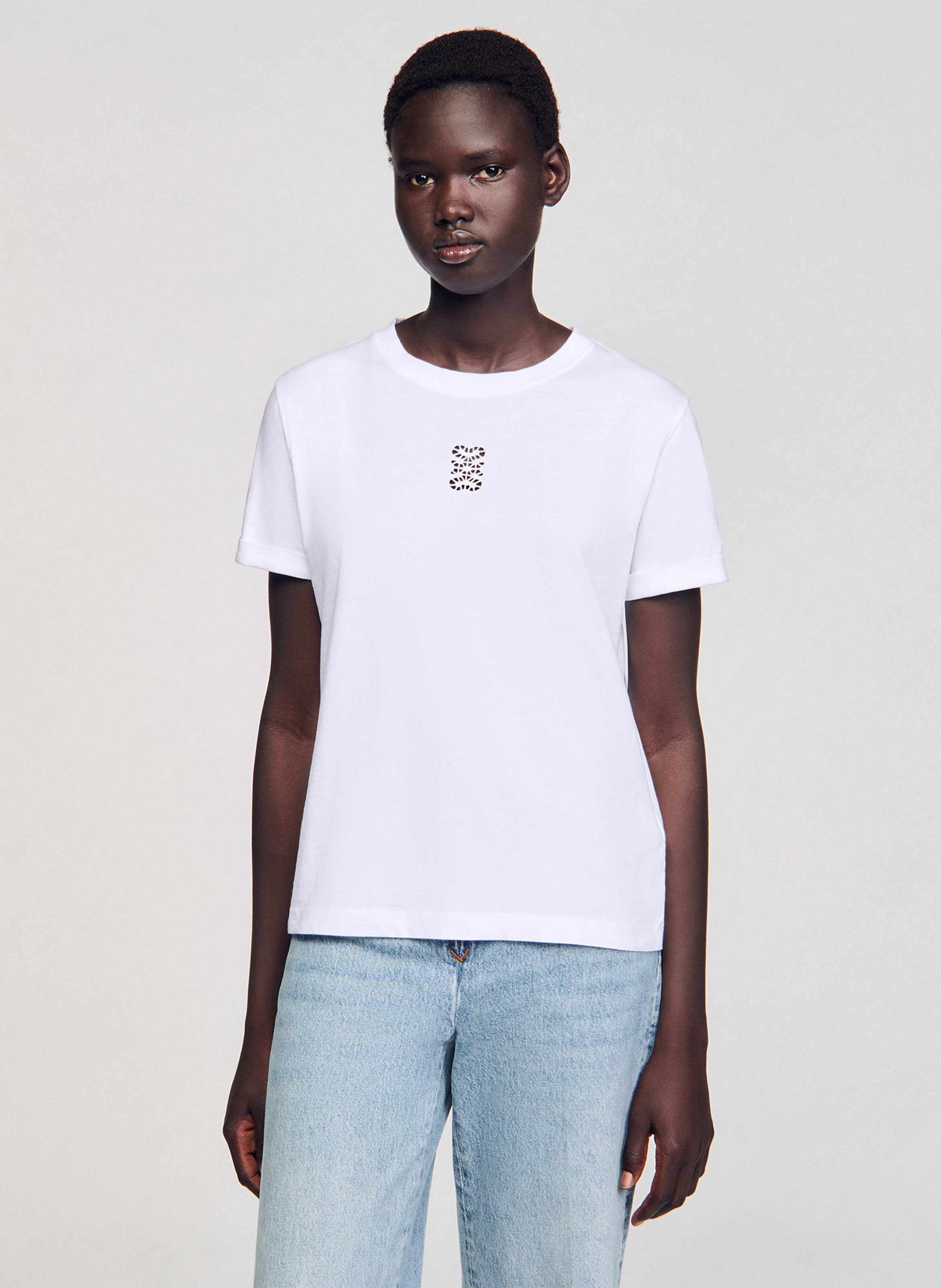 Tee-shirt droit col rond en coton SANDRO Blanc