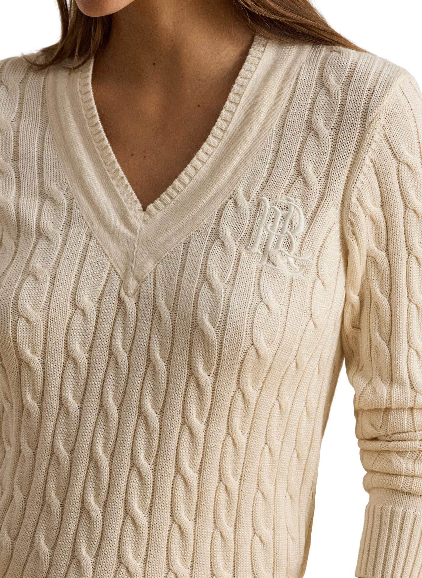 Sweater with embroidered logo in twisted cotton blend knit. LAUREN Beige