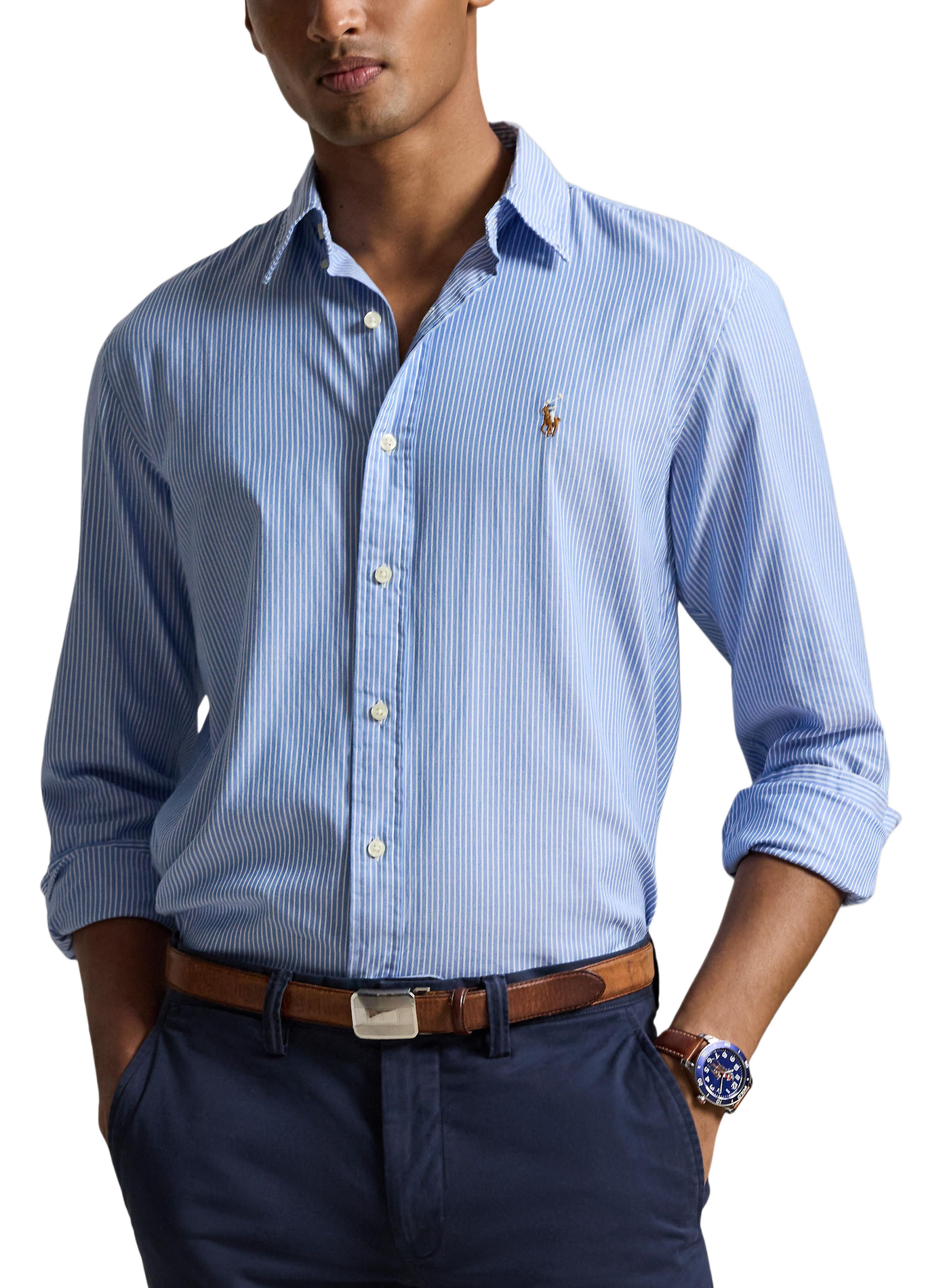 Chemise droite col classique rayée en coton mélangé POLO RALPH LAUREN Blanc
