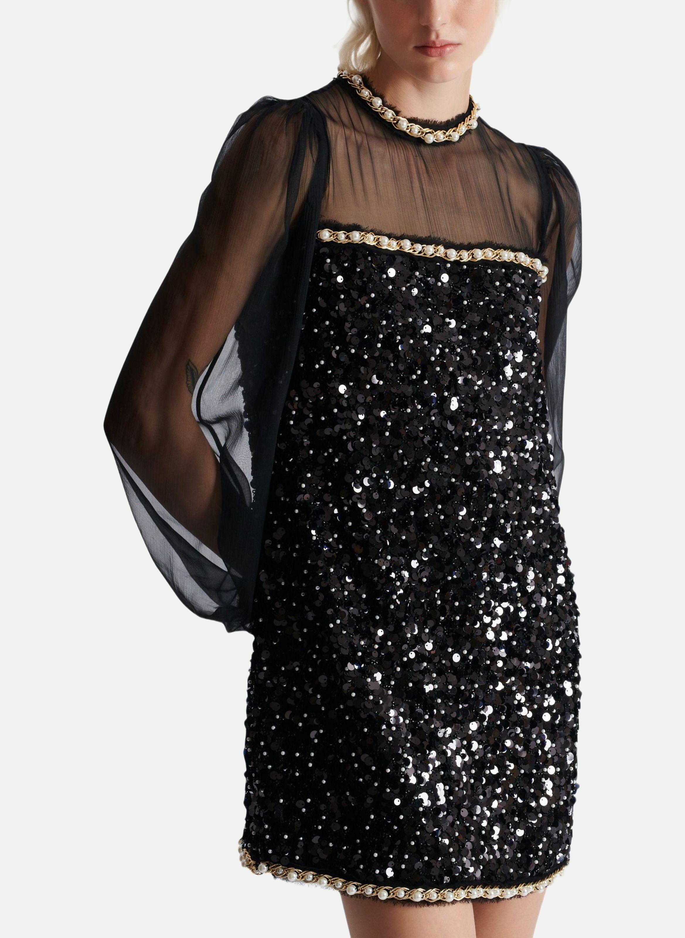 Robe en mousseline et sequins perlés BALMAIN Noir