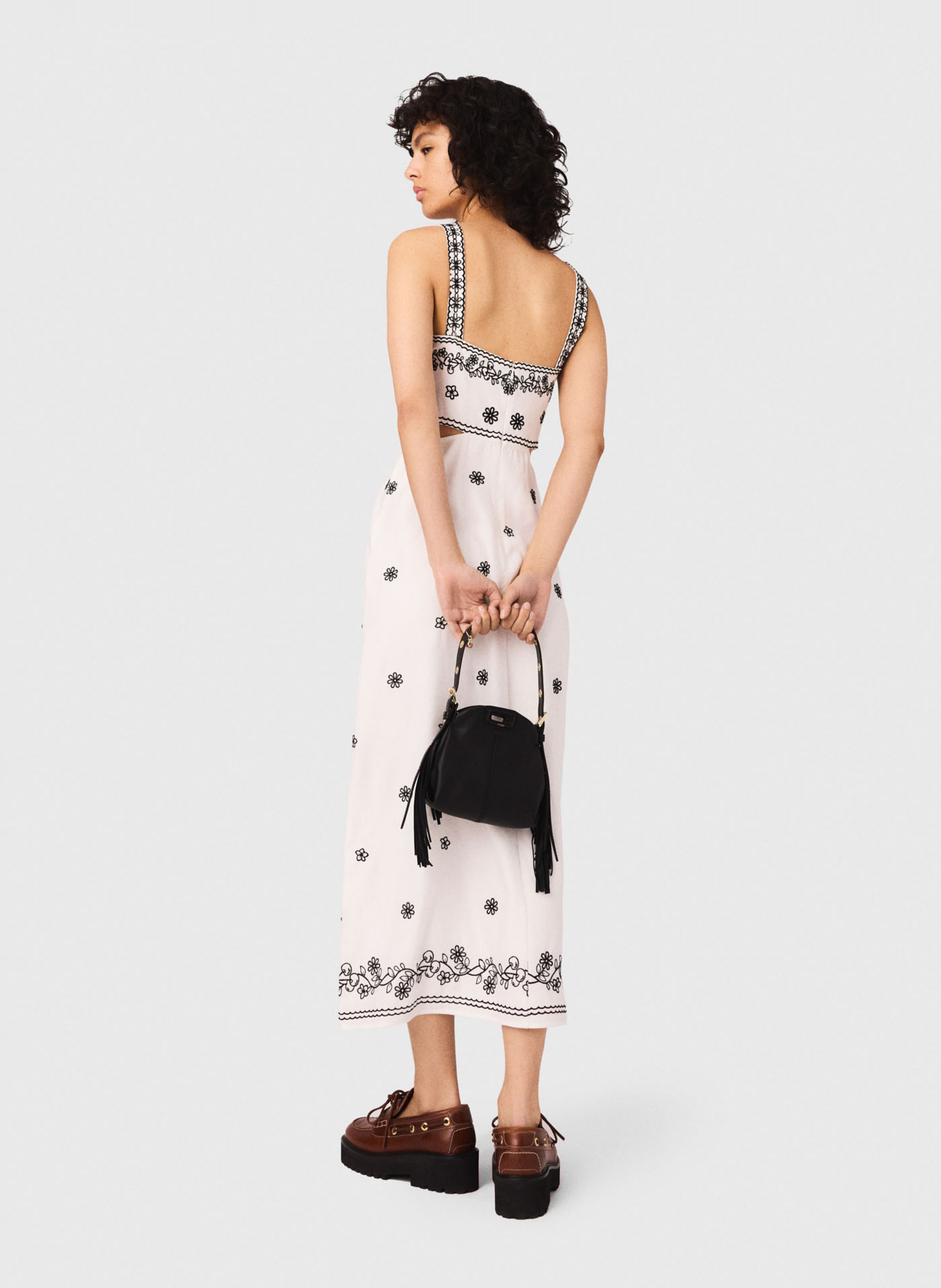 Robe midi col carré en lin mélangé MAJE Beige