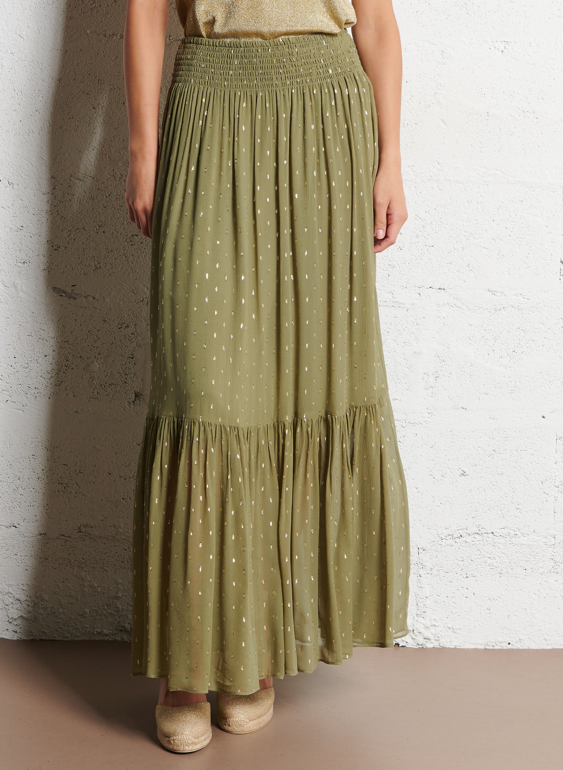 Jupe longue évasée à motifs brillants magda BA&SH Kaki