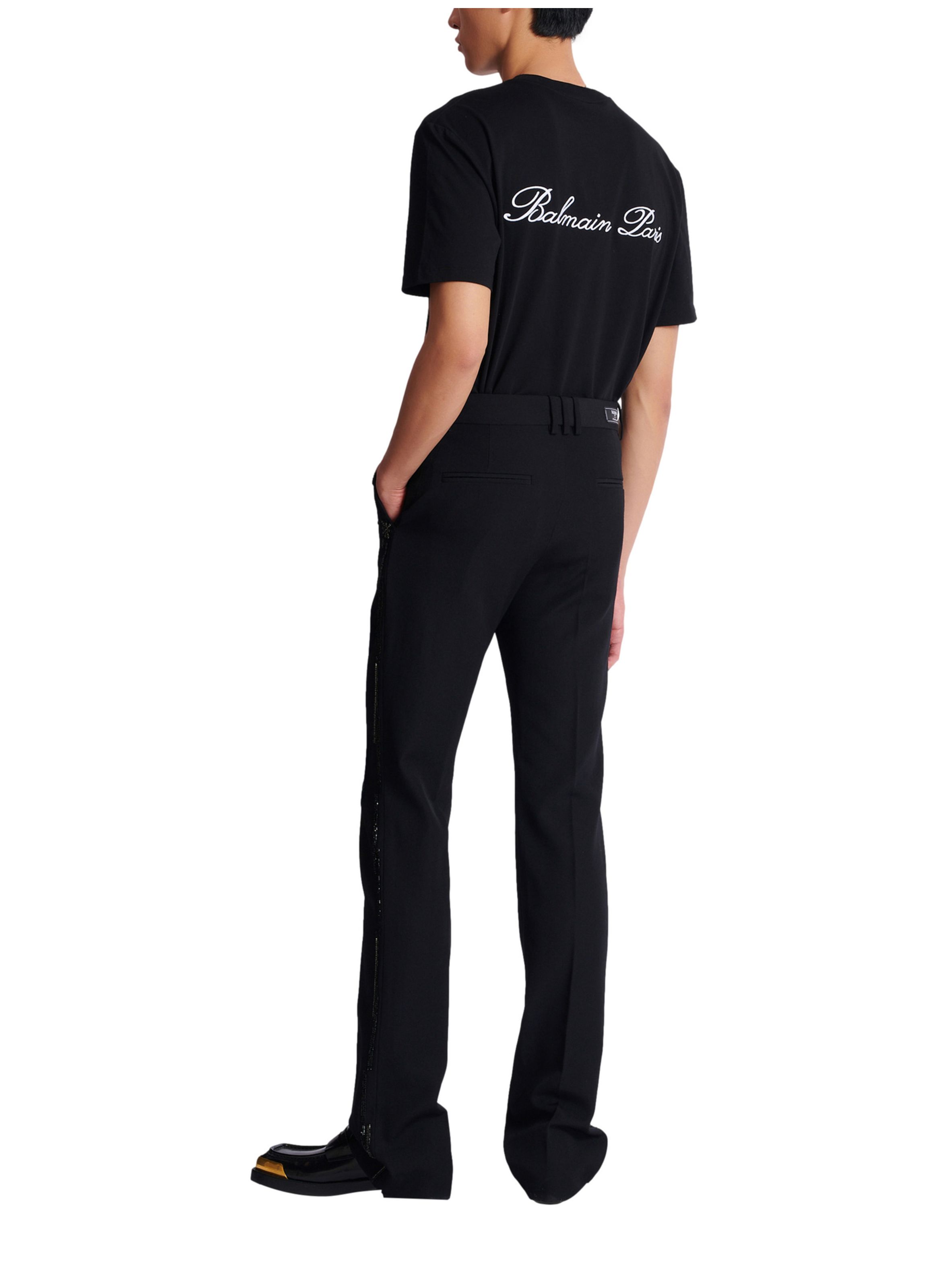 Pantalon droit en laine avec broderies cristal BALMAIN Noir