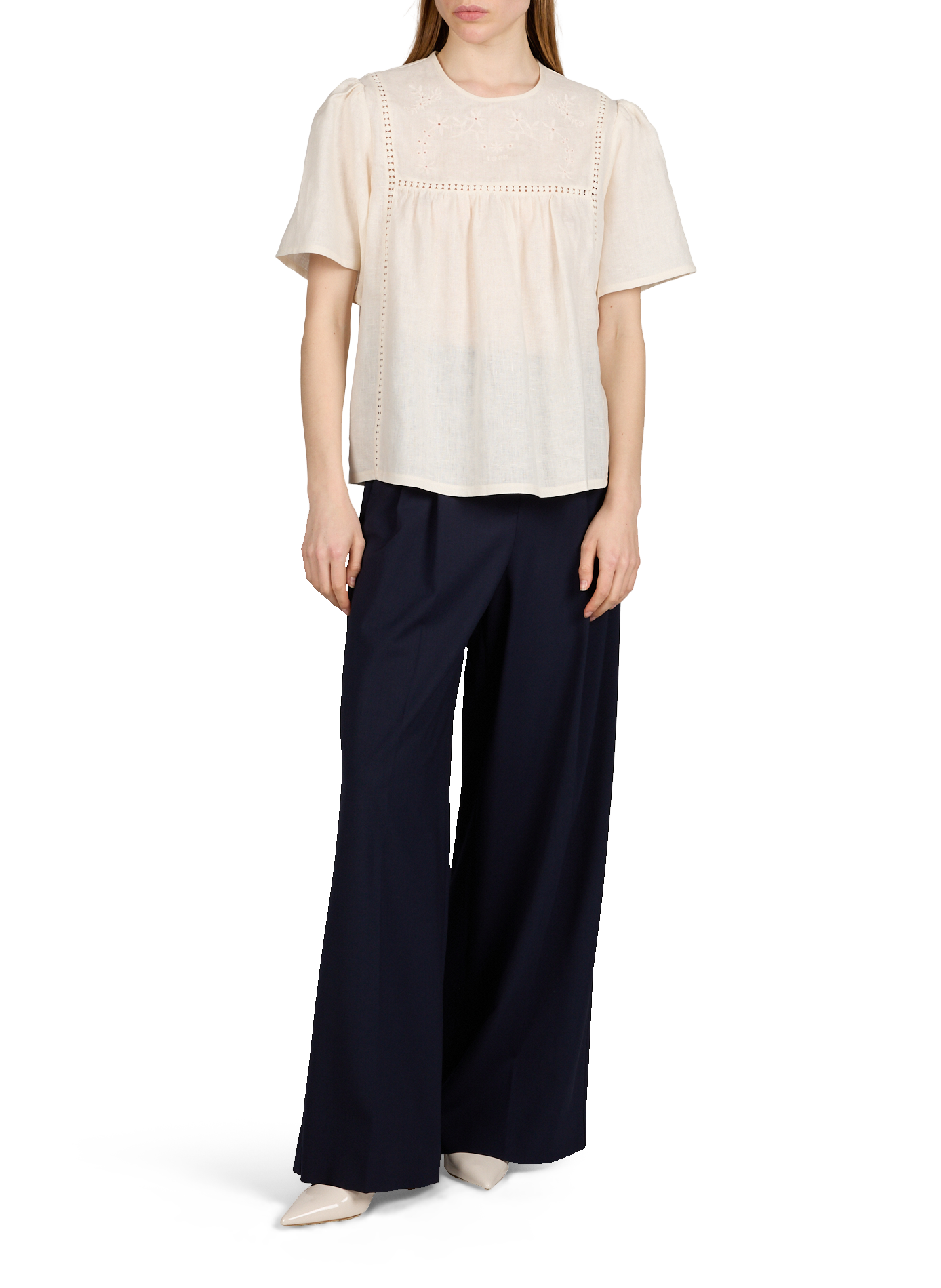 Top fluide brodé en lin MAX MARA WEEK END Beige