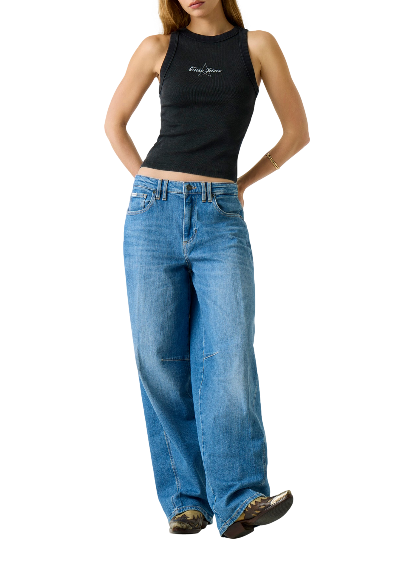 Ribbed tank top with embroidered logo in blended cotton GUESS Black