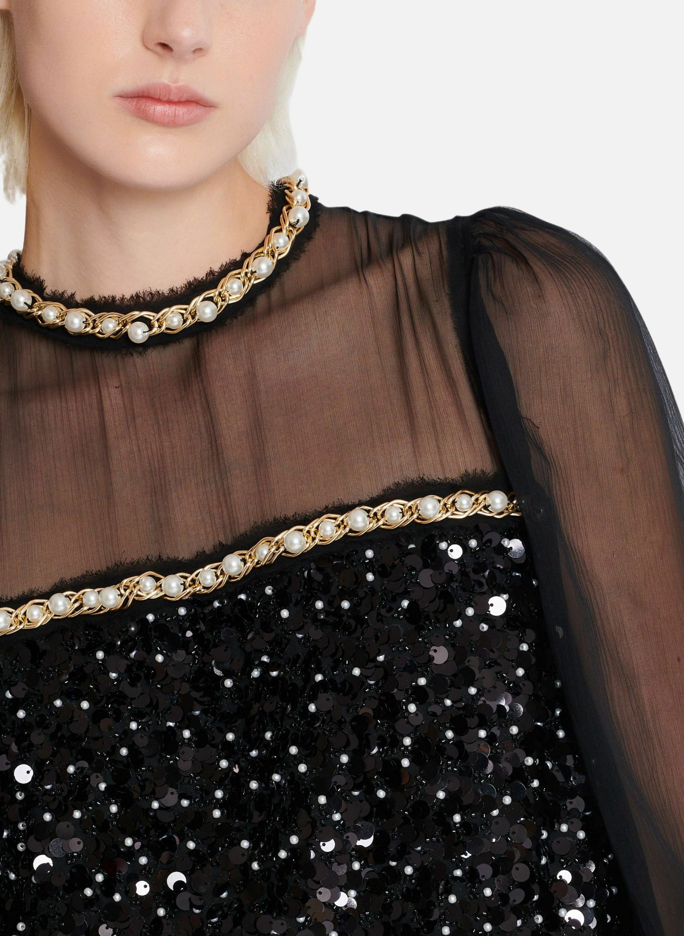 Robe en mousseline et sequins perlés BALMAIN Noir