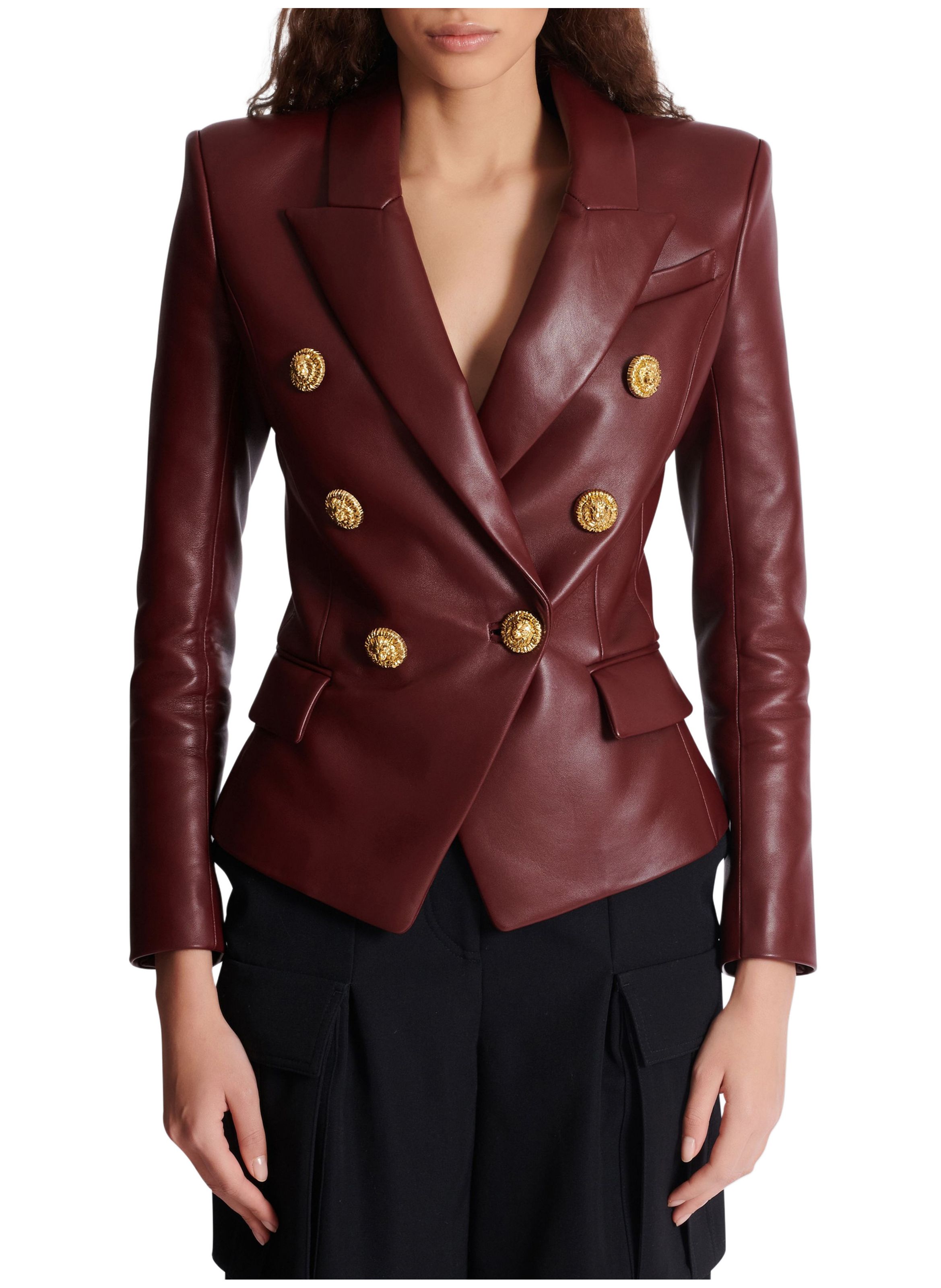 Veste 6 boutons en cuir d'agneau BALMAIN Marron