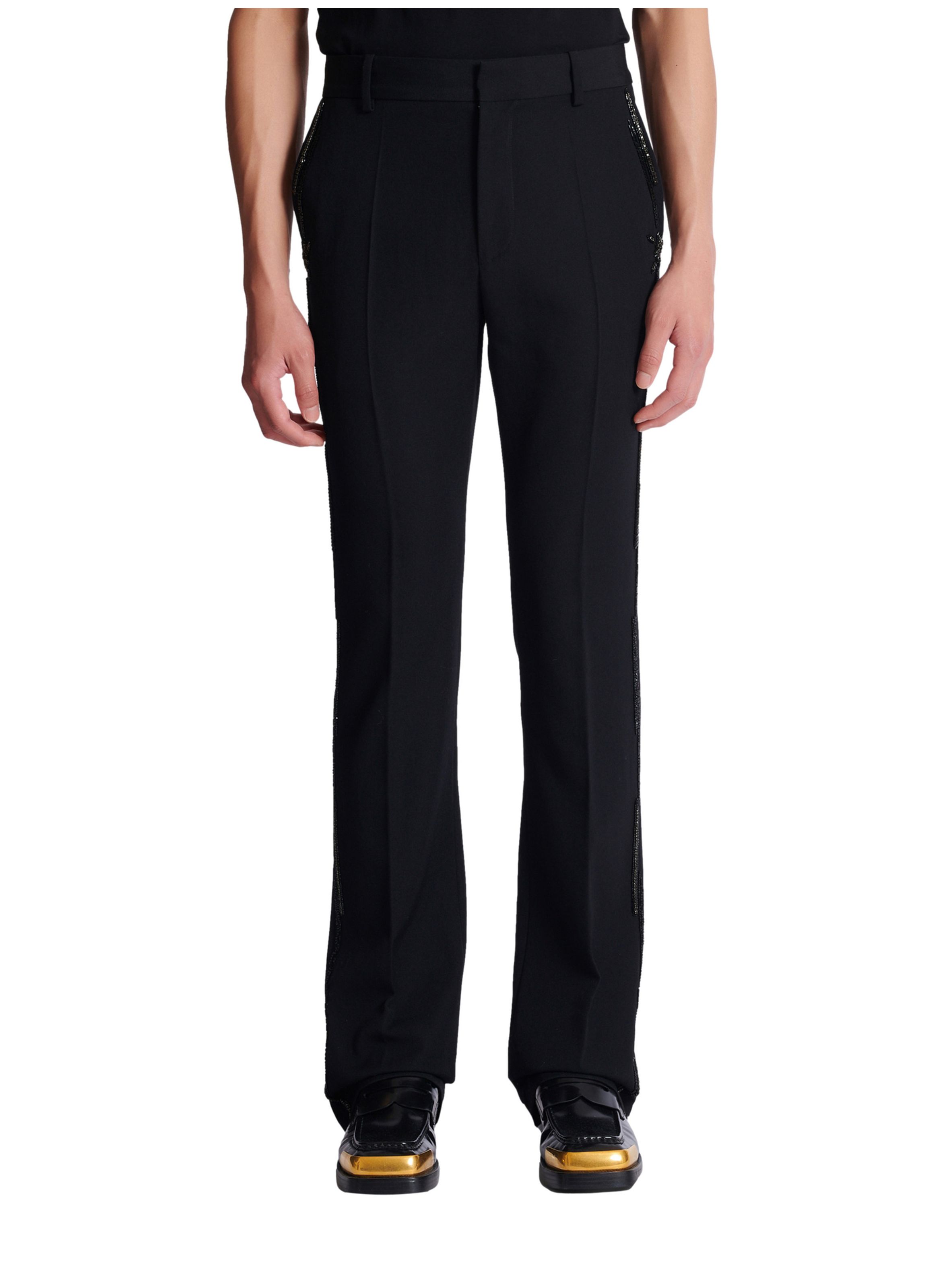 Pantalon droit en laine avec broderies cristal BALMAIN Noir