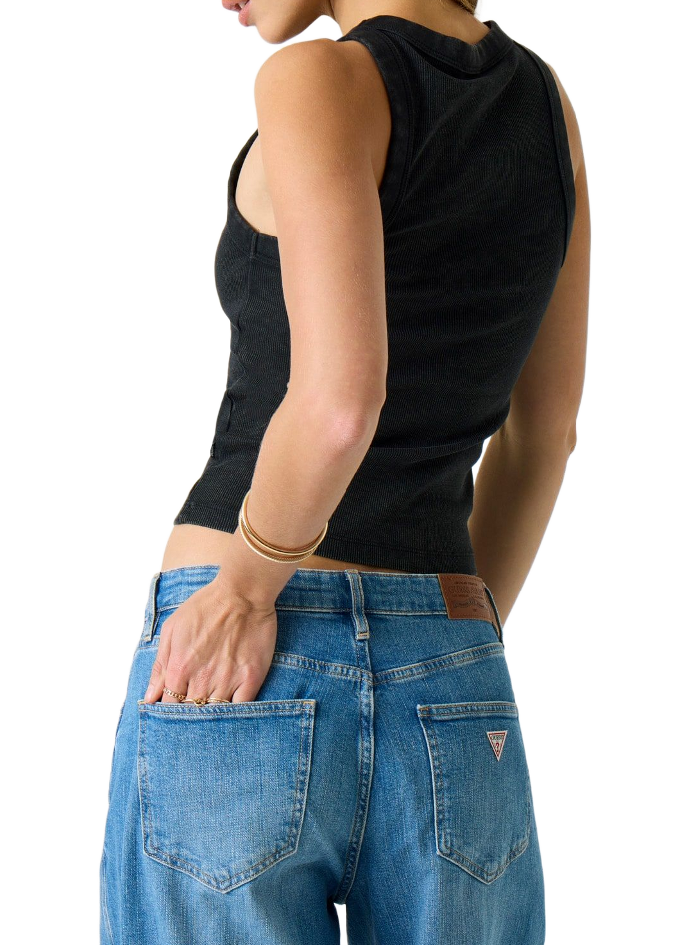 Ribbed tank top with embroidered logo in blended cotton GUESS Black