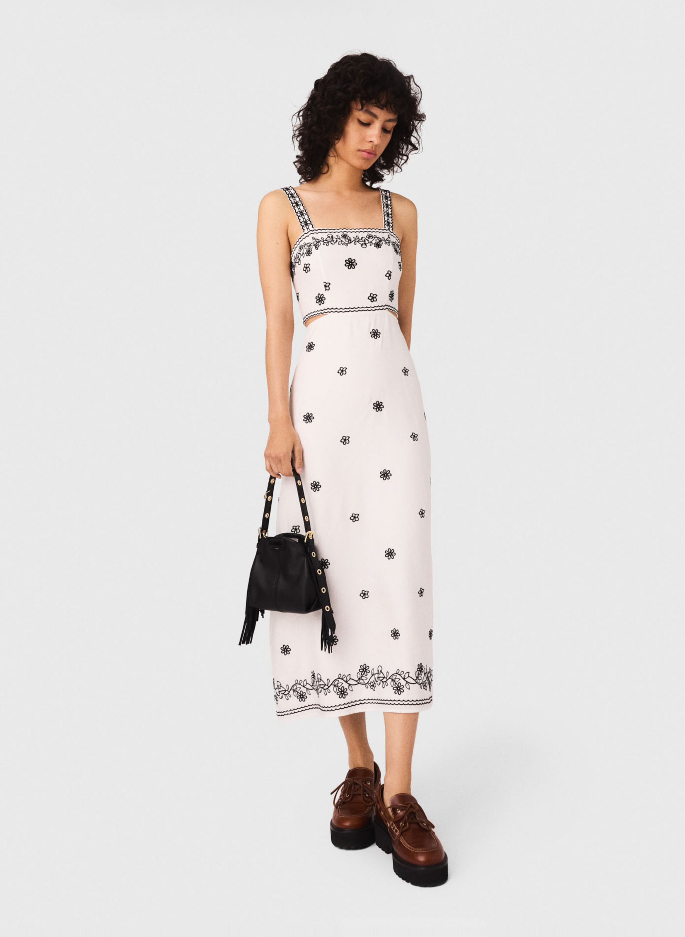 Robe midi col carré en lin mélangé MAJE Beige