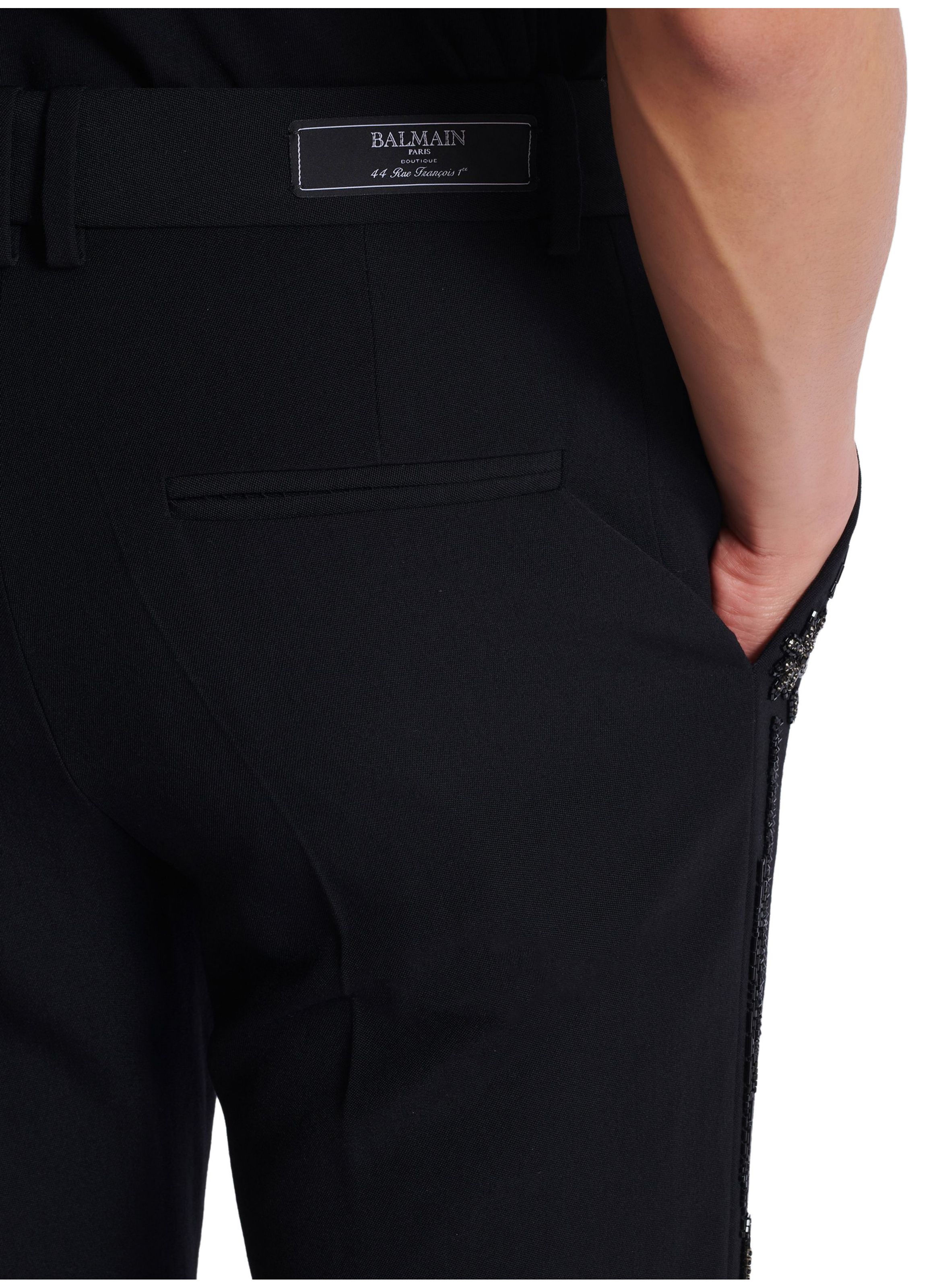 Pantalon droit en laine avec broderies cristal BALMAIN Noir