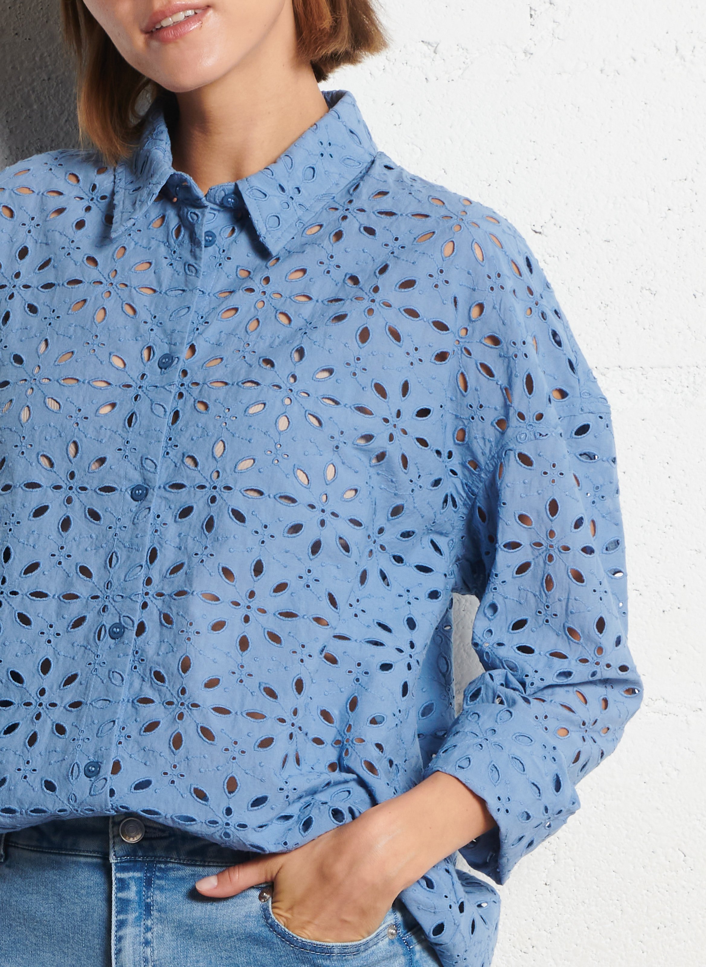 Chemise oversize col classique en broderie anglaise IKKS Bleu