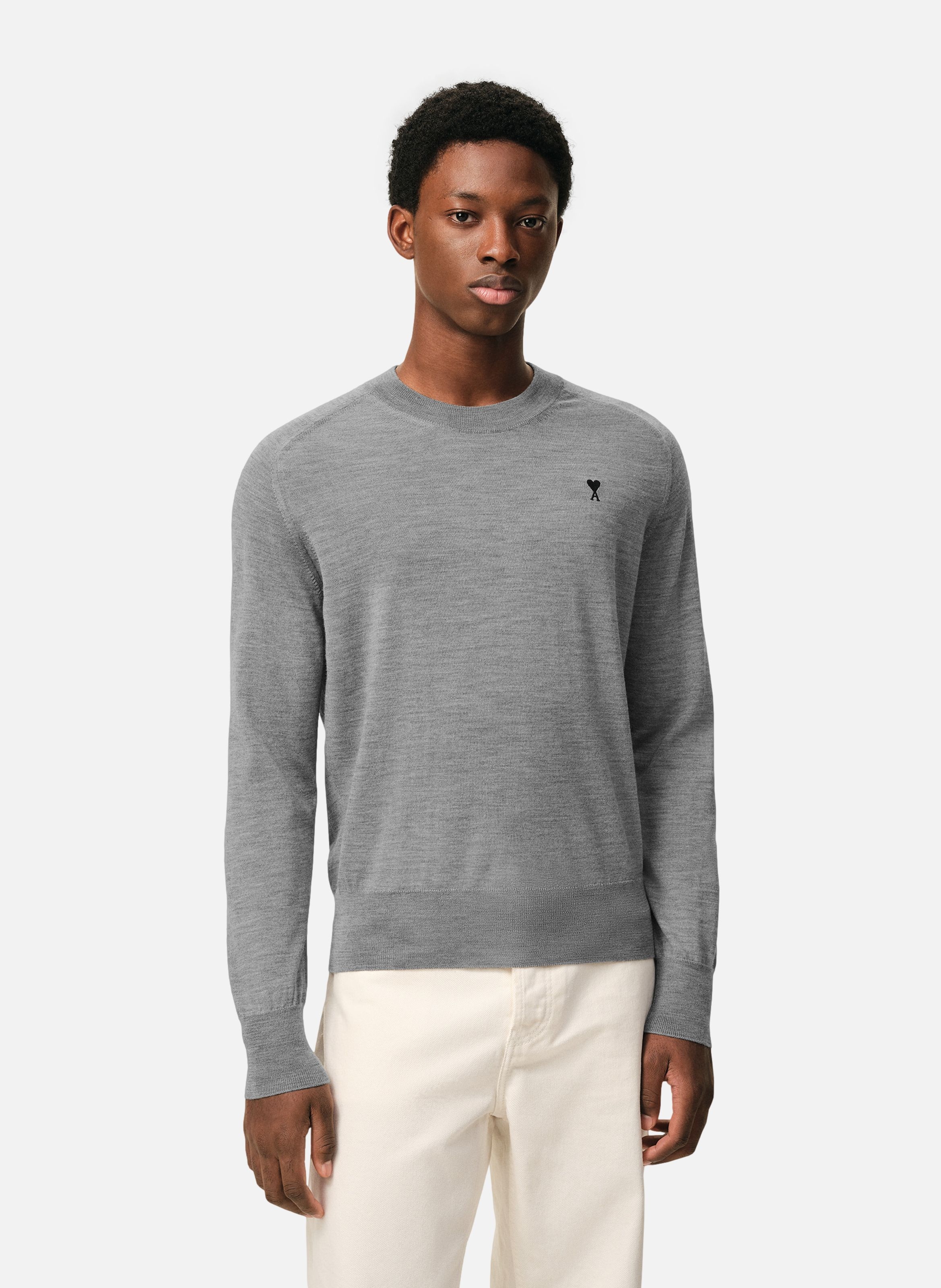 Pull col rond ami de coeur en laine AMI PARIS Gris