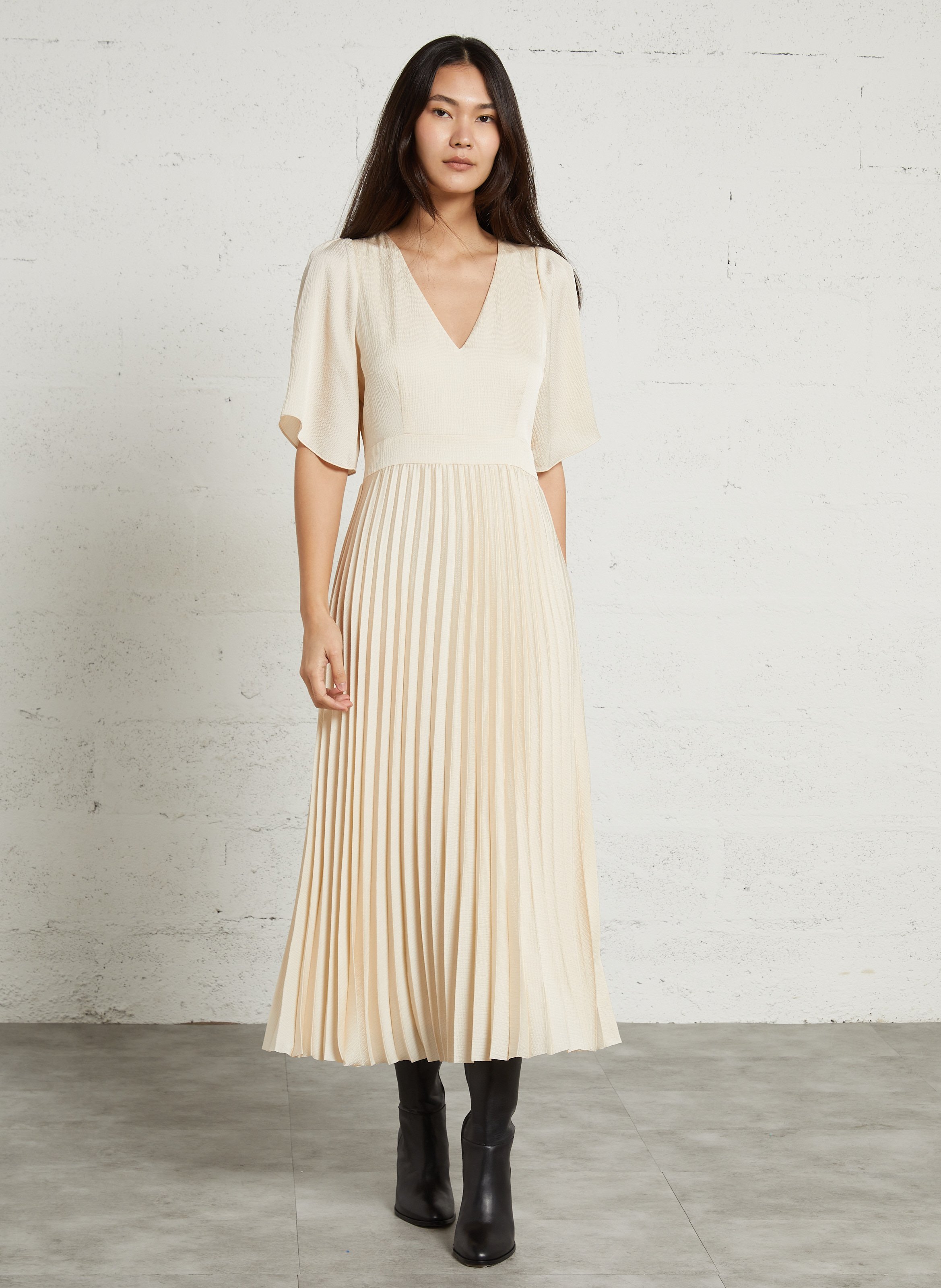 Robe longue col v plissée billie MAISON 123 Beige