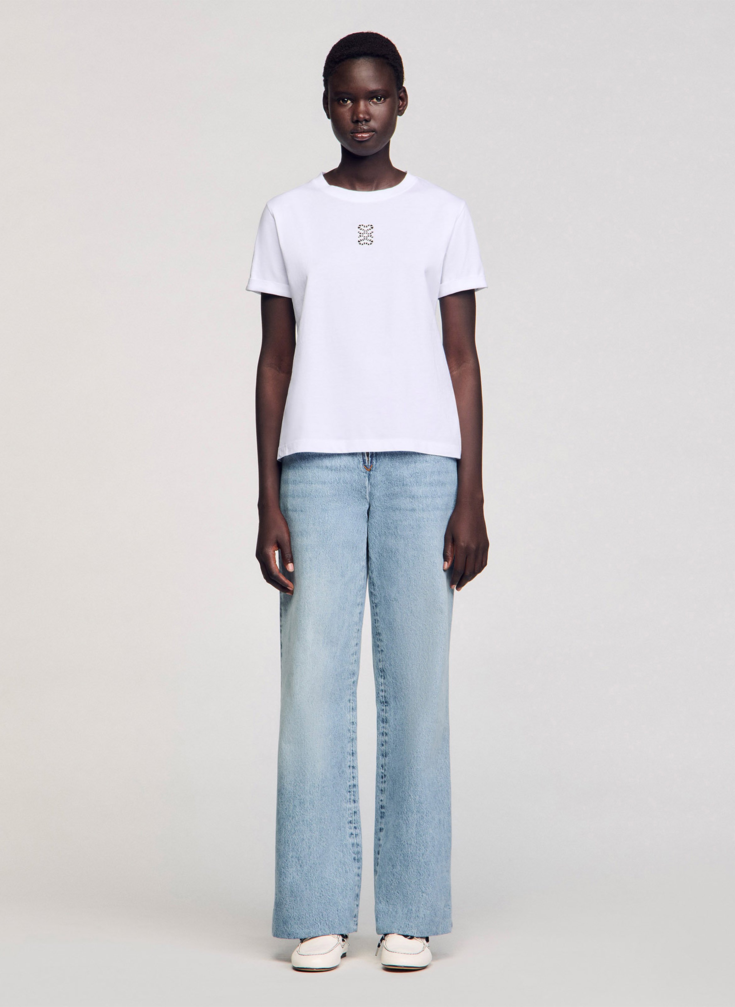 Tee-shirt droit col rond en coton SANDRO Blanc