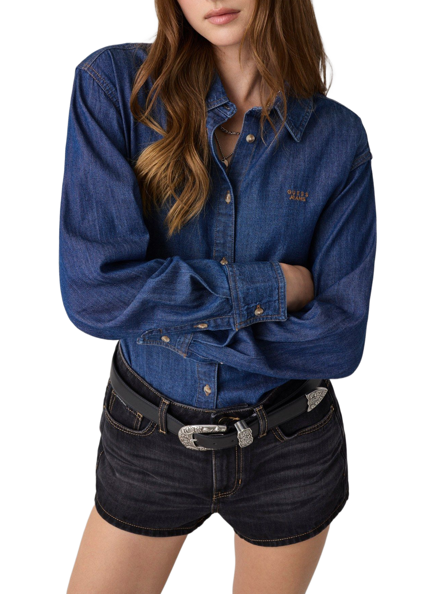 Chemise droite denim en coton GUESS Bleu
