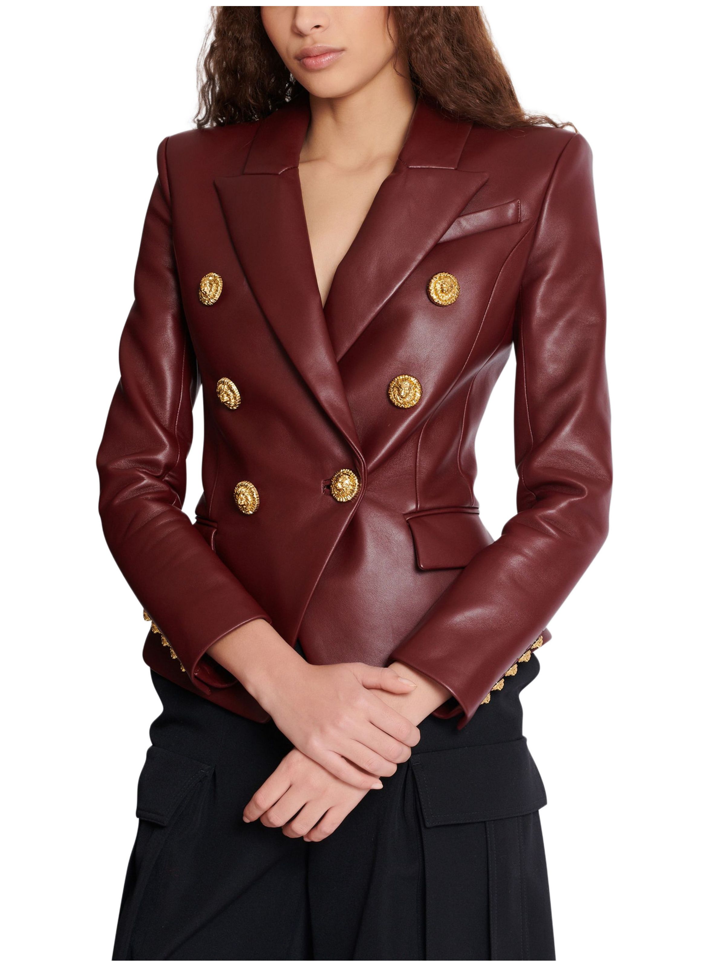 Veste 6 boutons en cuir d'agneau BALMAIN Marron