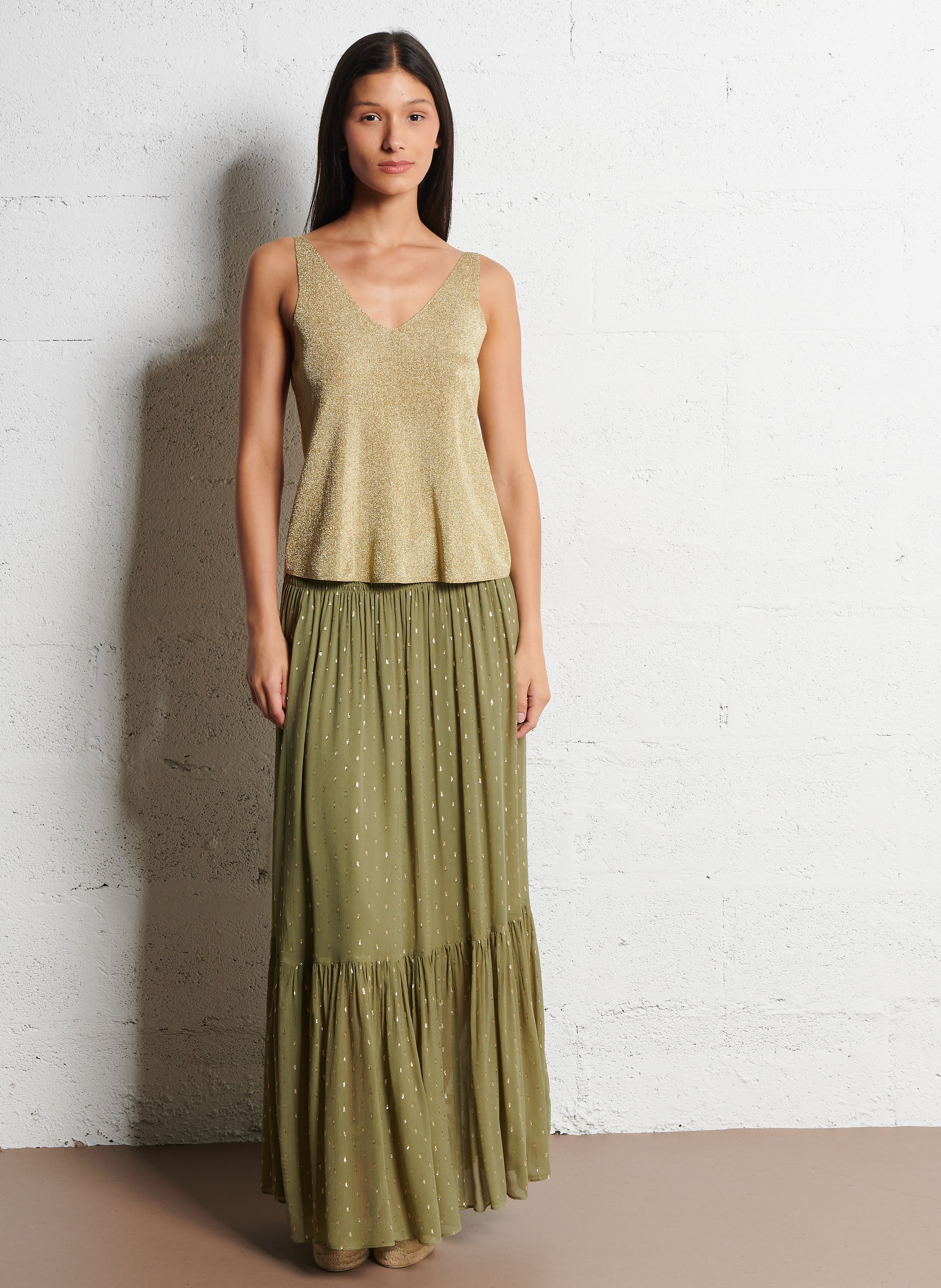 Jupe longue évasée à motifs brillants magda BA&SH Kaki