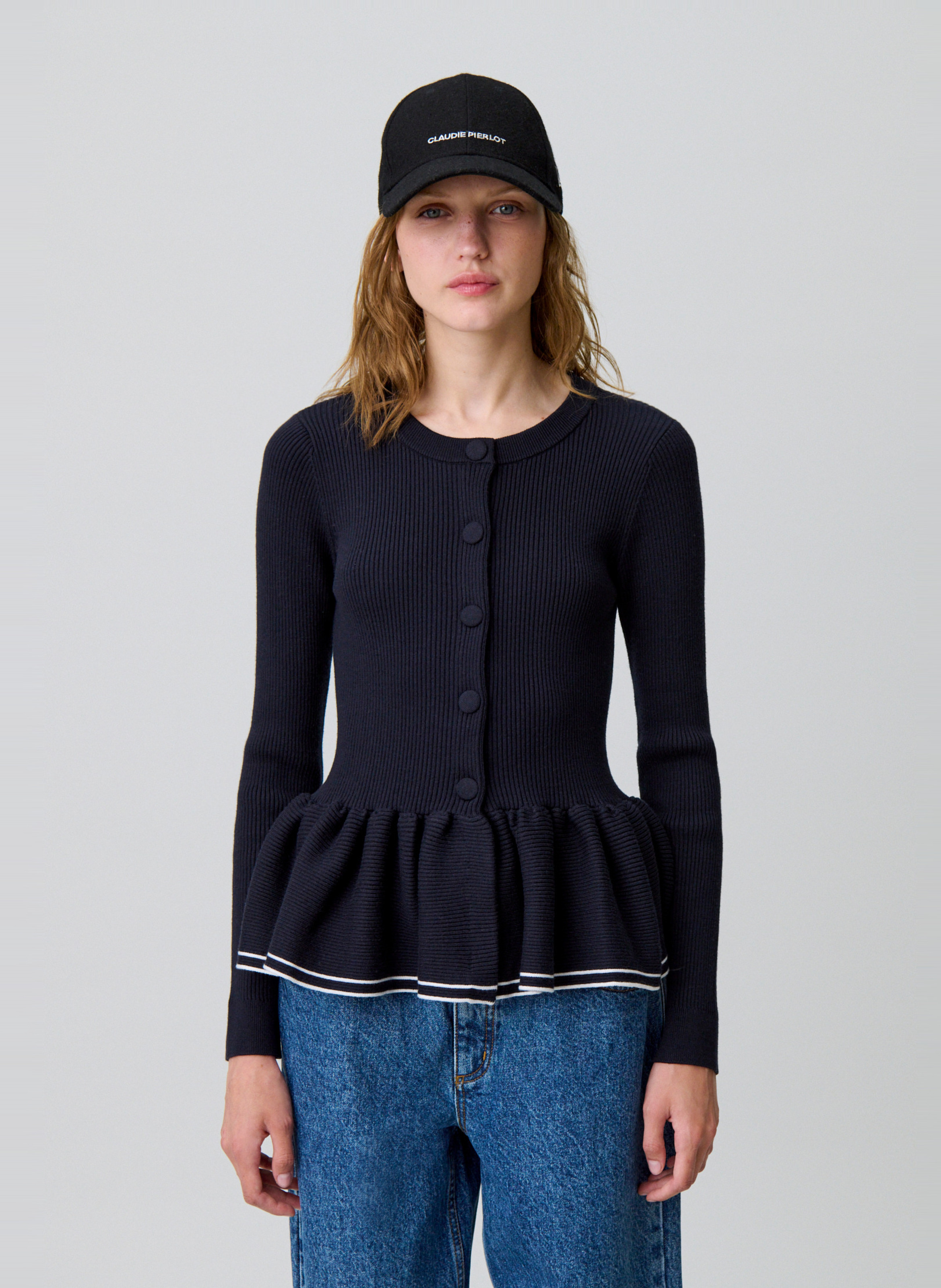 Cardigan côtelé moulant col rond mizuki CLAUDIE PIERLOT Bleu