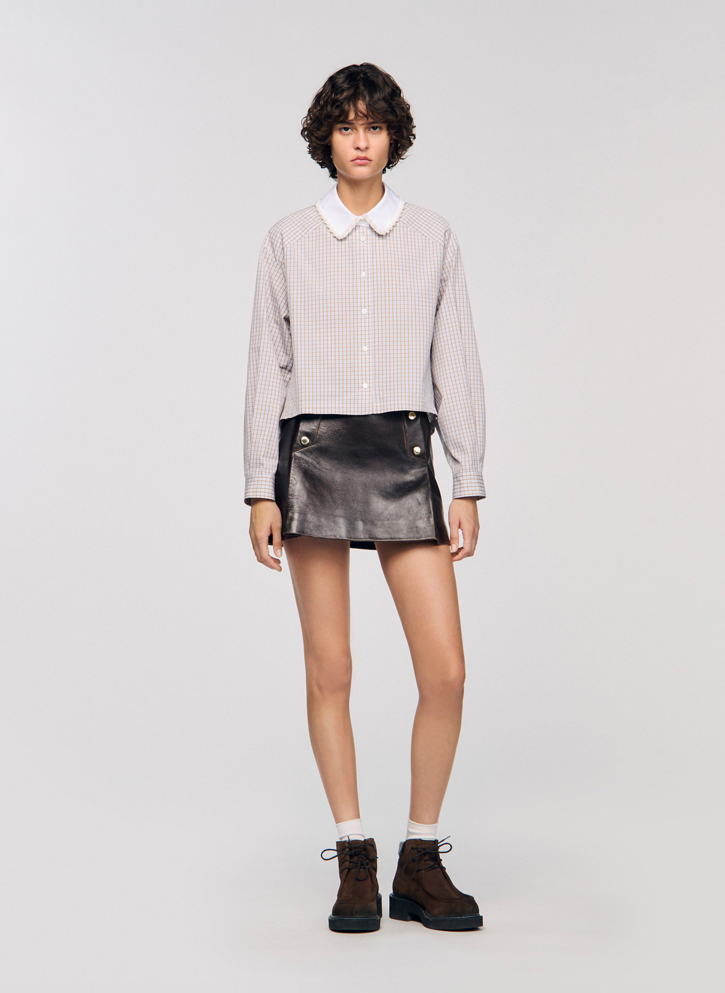 Chemise col classique à carreaux SANDRO Beige