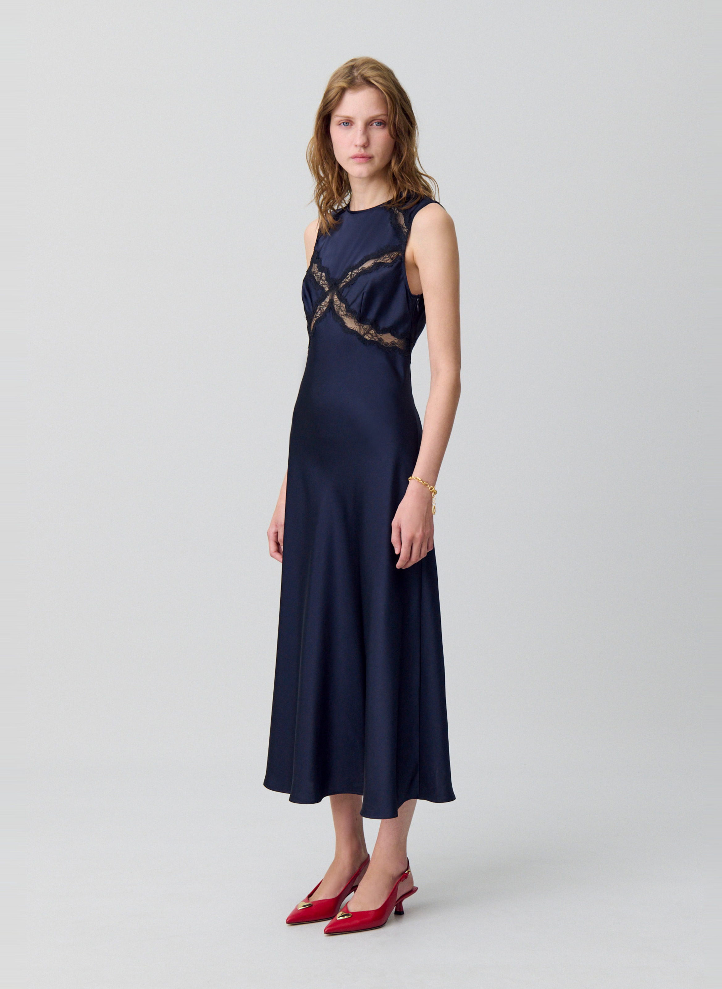 Robe midi satiné col rond riviera Bleu