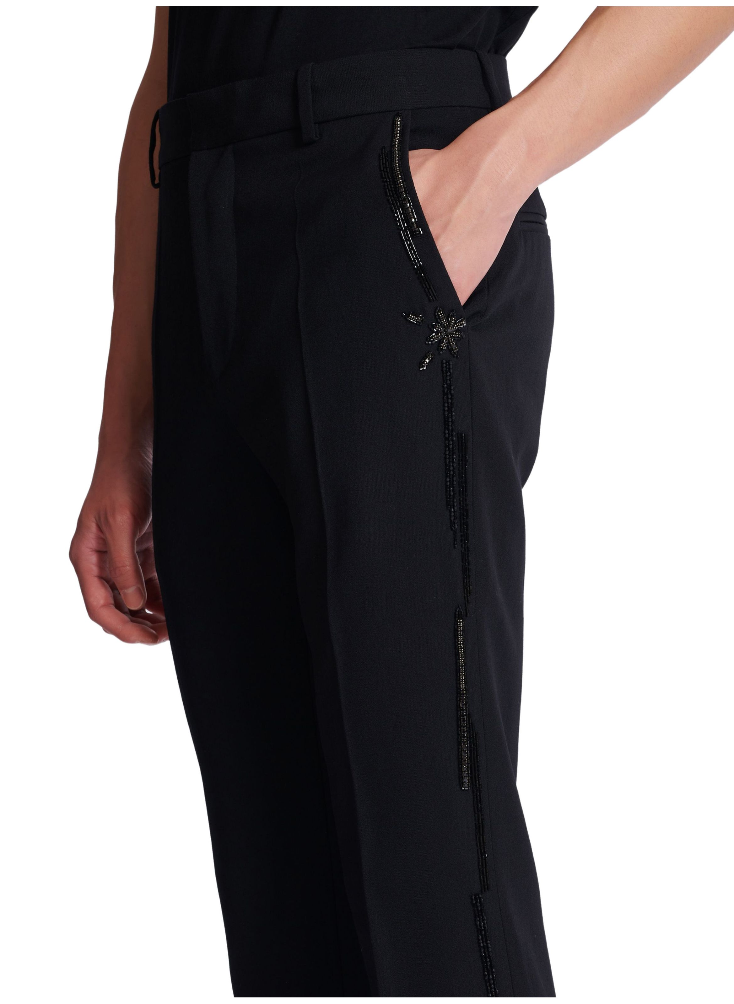 Pantalon droit en laine avec broderies cristal BALMAIN Noir