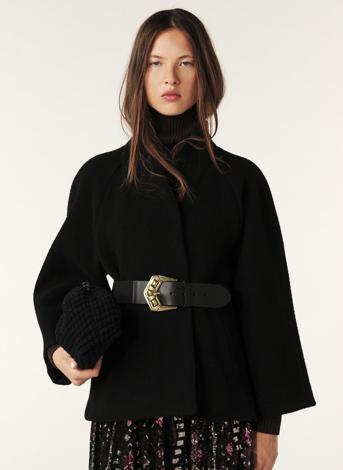 Cape droite col châle en laine hini BA&SH Noir