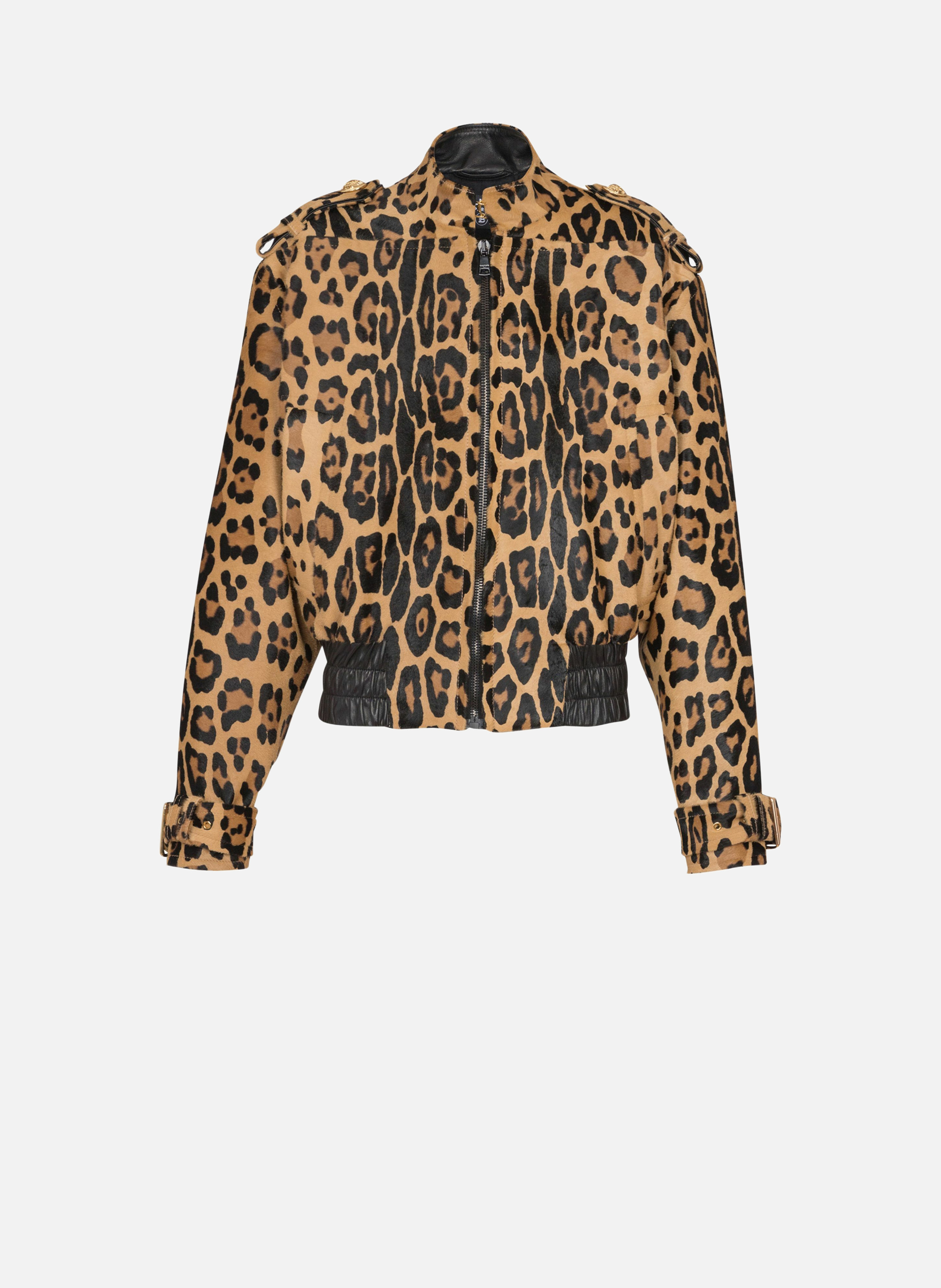 Bomber en cuir façon pony imprimé motif léopard BALMAIN Marron