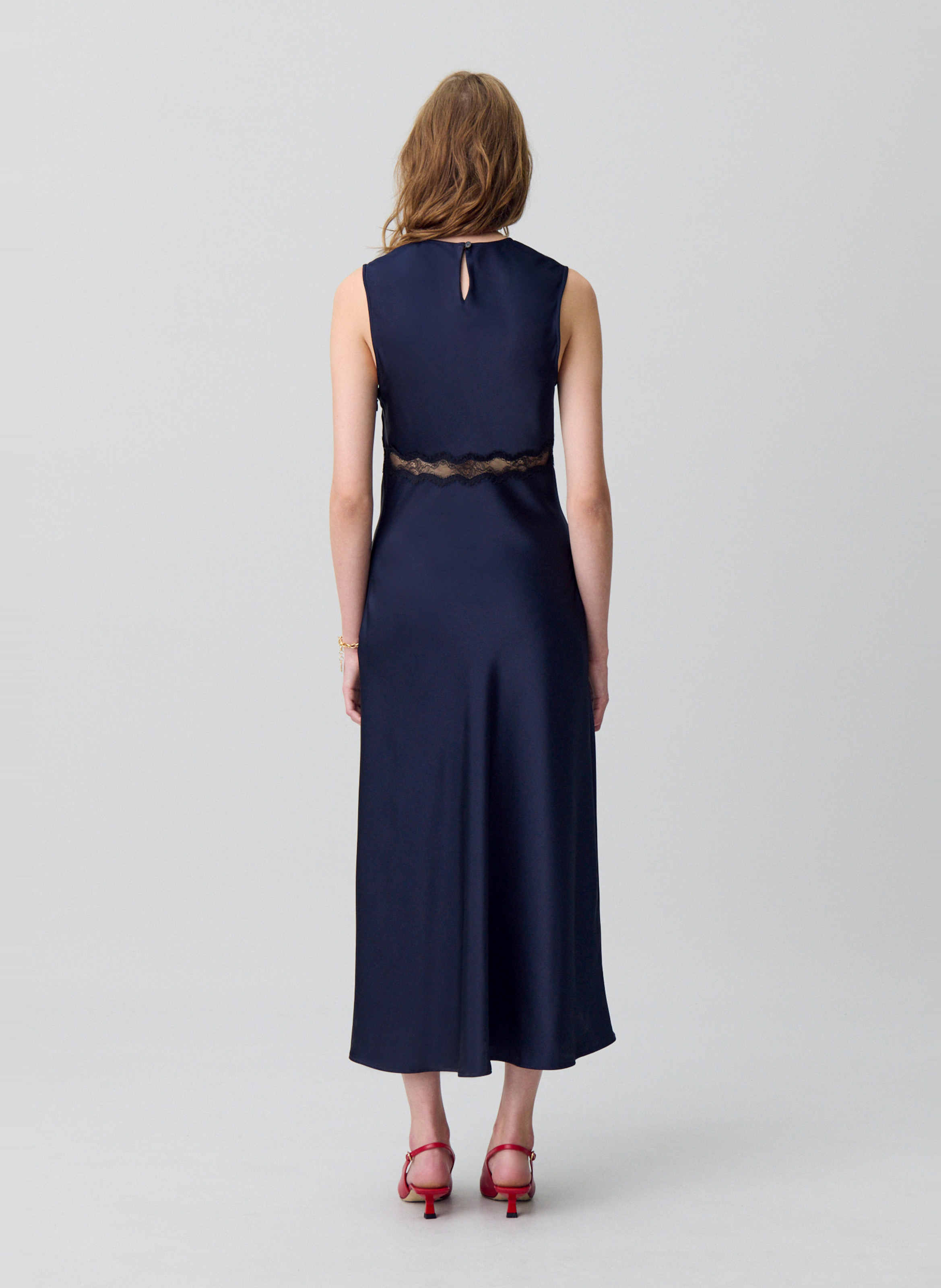 Robe midi satiné col rond riviera Bleu