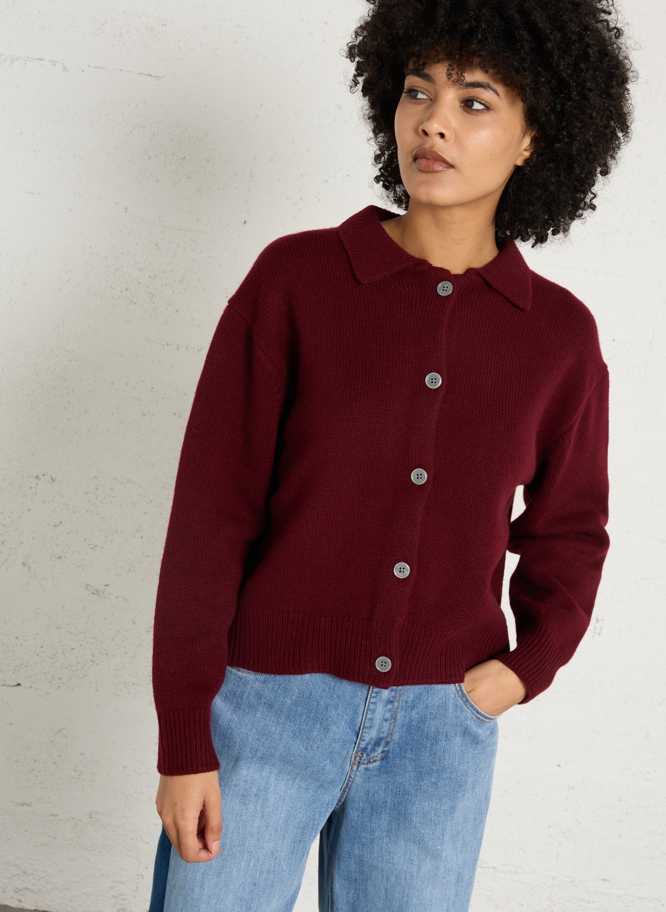 Cardigan court uni en laine Peter  Bordeaux