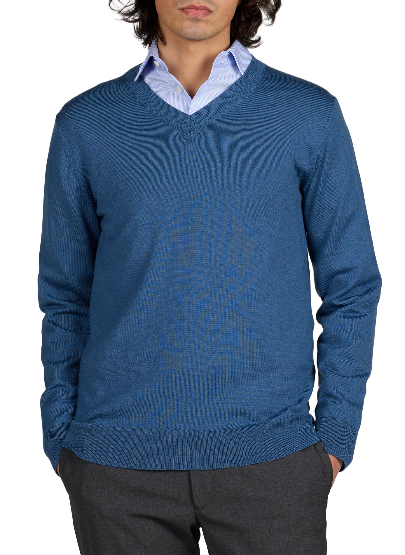 Pull col V en laine mérinos AU PRINTEMPS PARIS Bleu