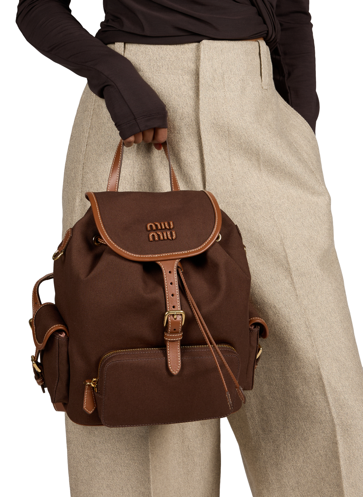 Canvas and leather backpack MIU MIU Brown