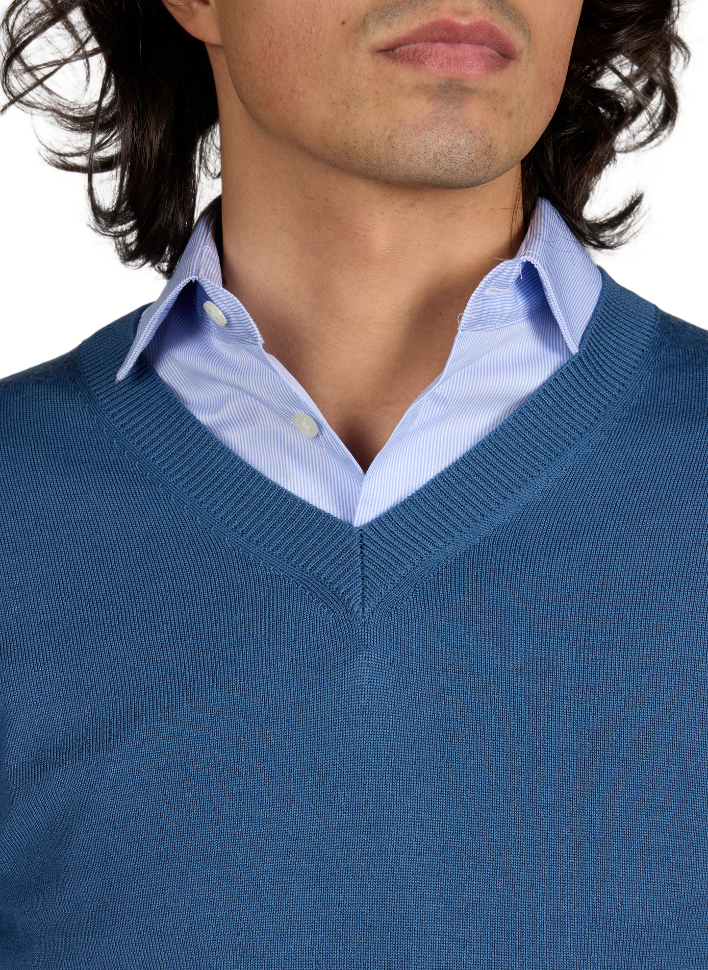 Pull col V en laine mérinos AU PRINTEMPS PARIS Bleu