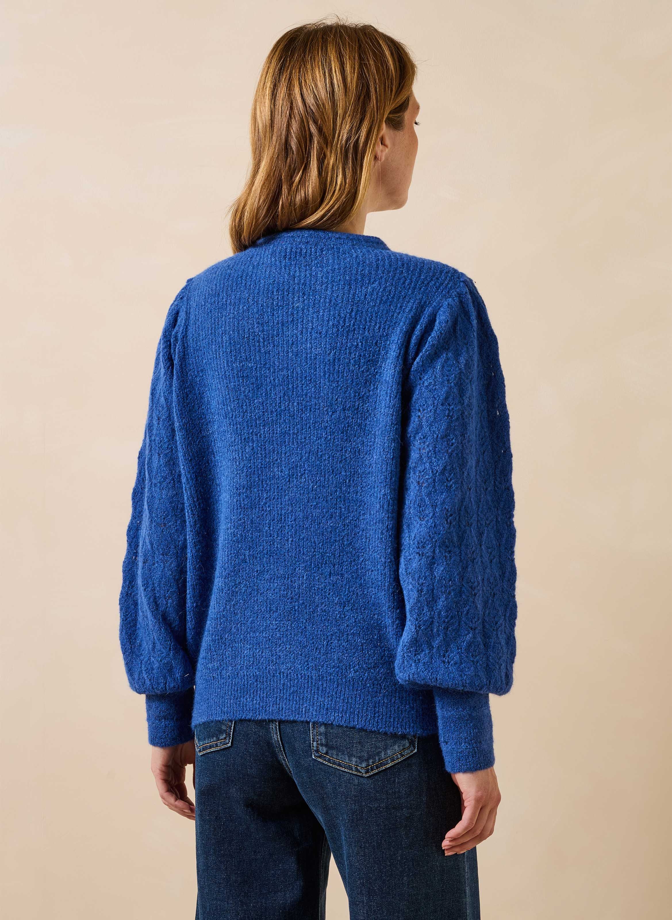 Recht model trui met ronde hals en opengewerkt breisel van een materiaalmix LA FEE MARABOUTEE Blauw