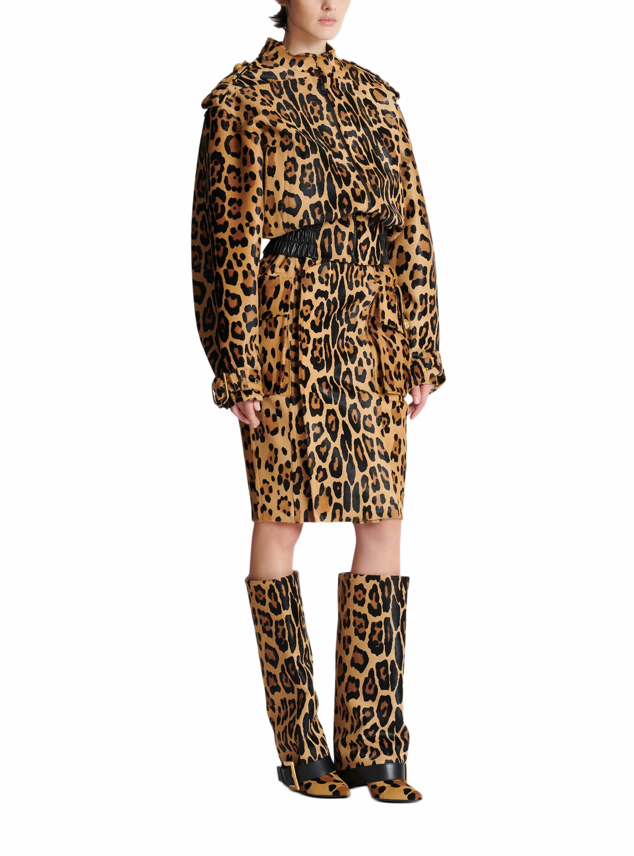 Bomber en cuir façon pony imprimé motif léopard BALMAIN Marron