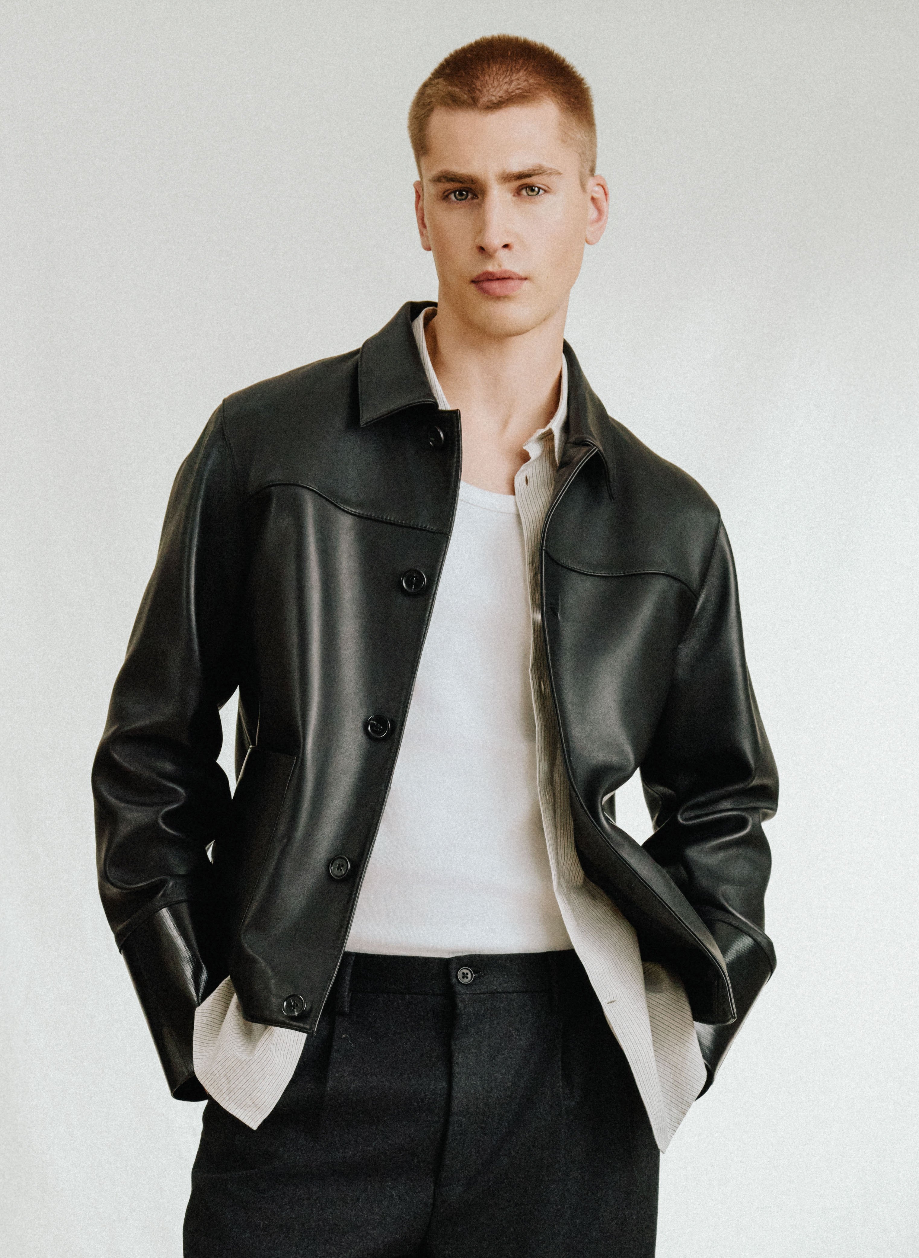 SAISON 1865 Buisu classic collar leather blend jacket Black