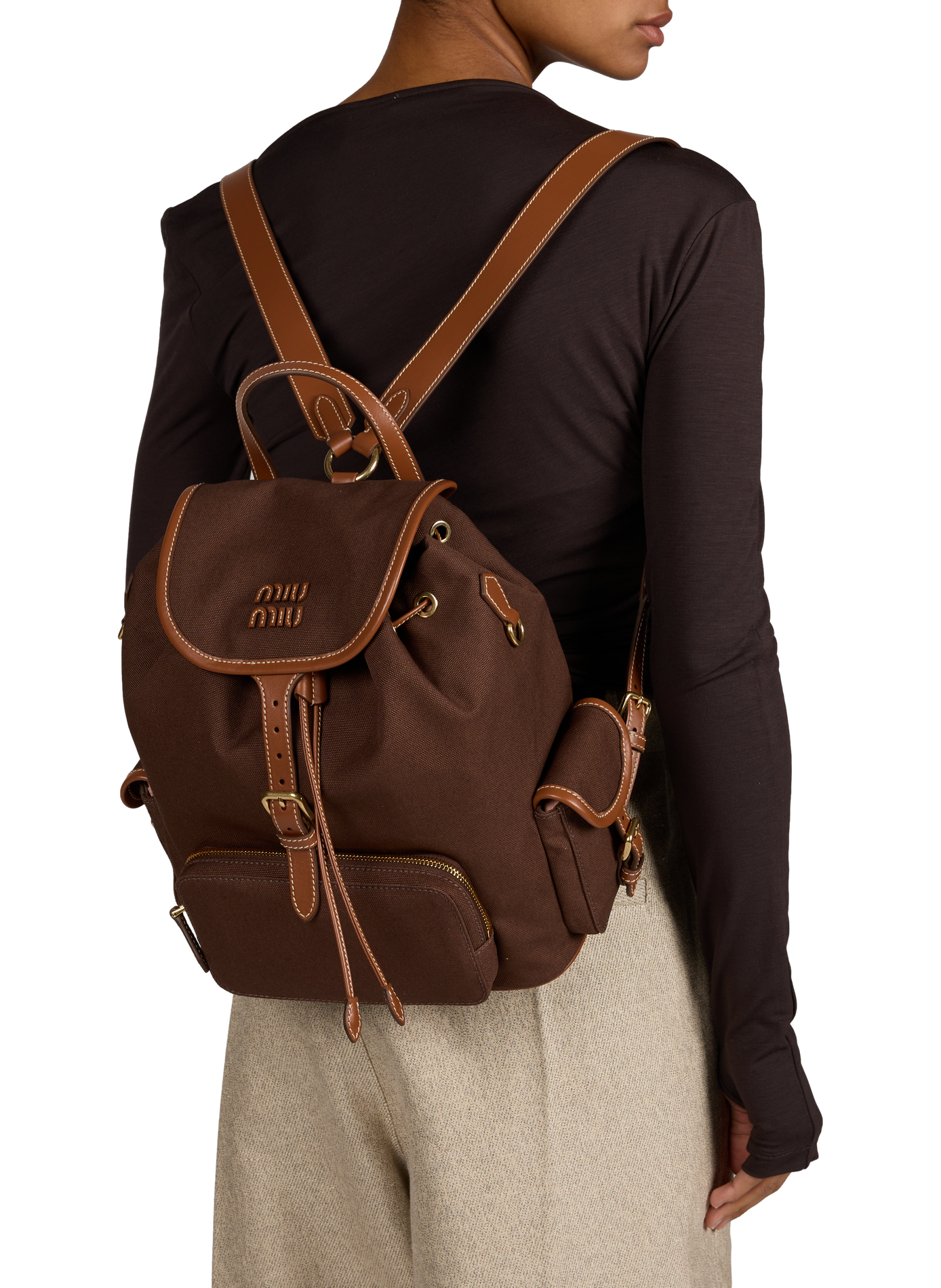 Canvas and leather backpack MIU MIU Brown