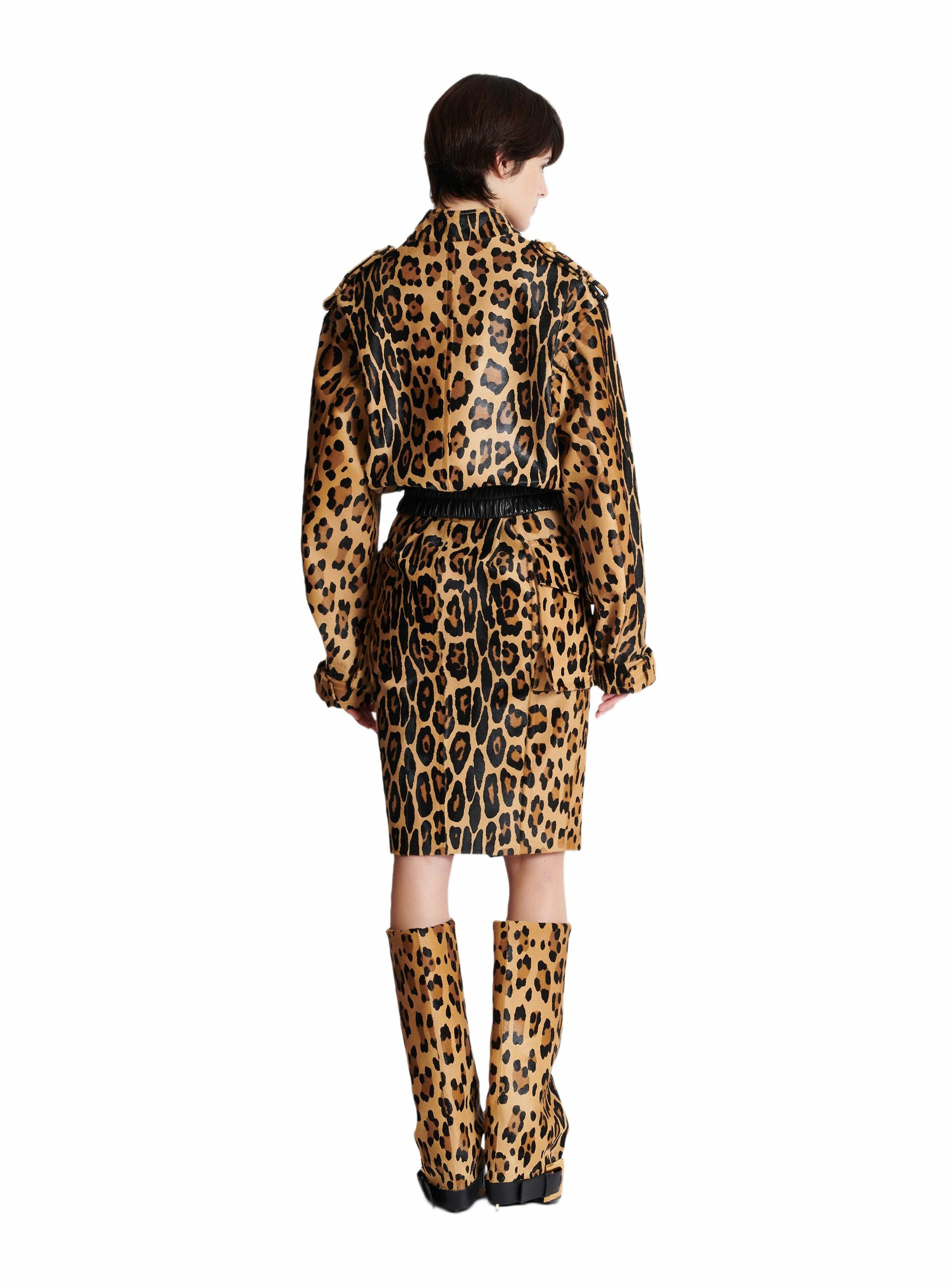 Bomber en cuir façon pony imprimé motif léopard BALMAIN Marron