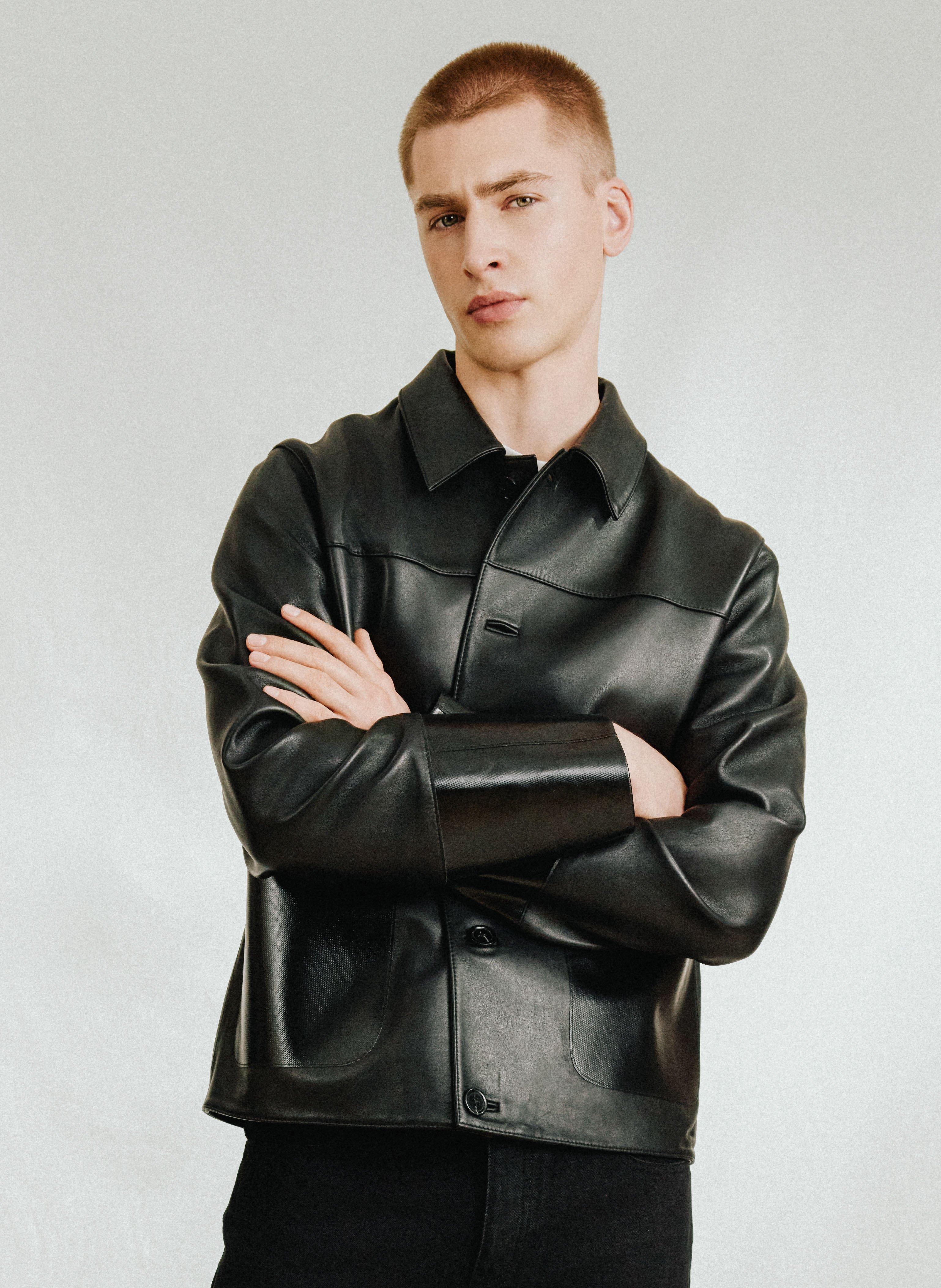 Blouson Saison 1865 x Cahu à col classique en cuir mélangé Noir