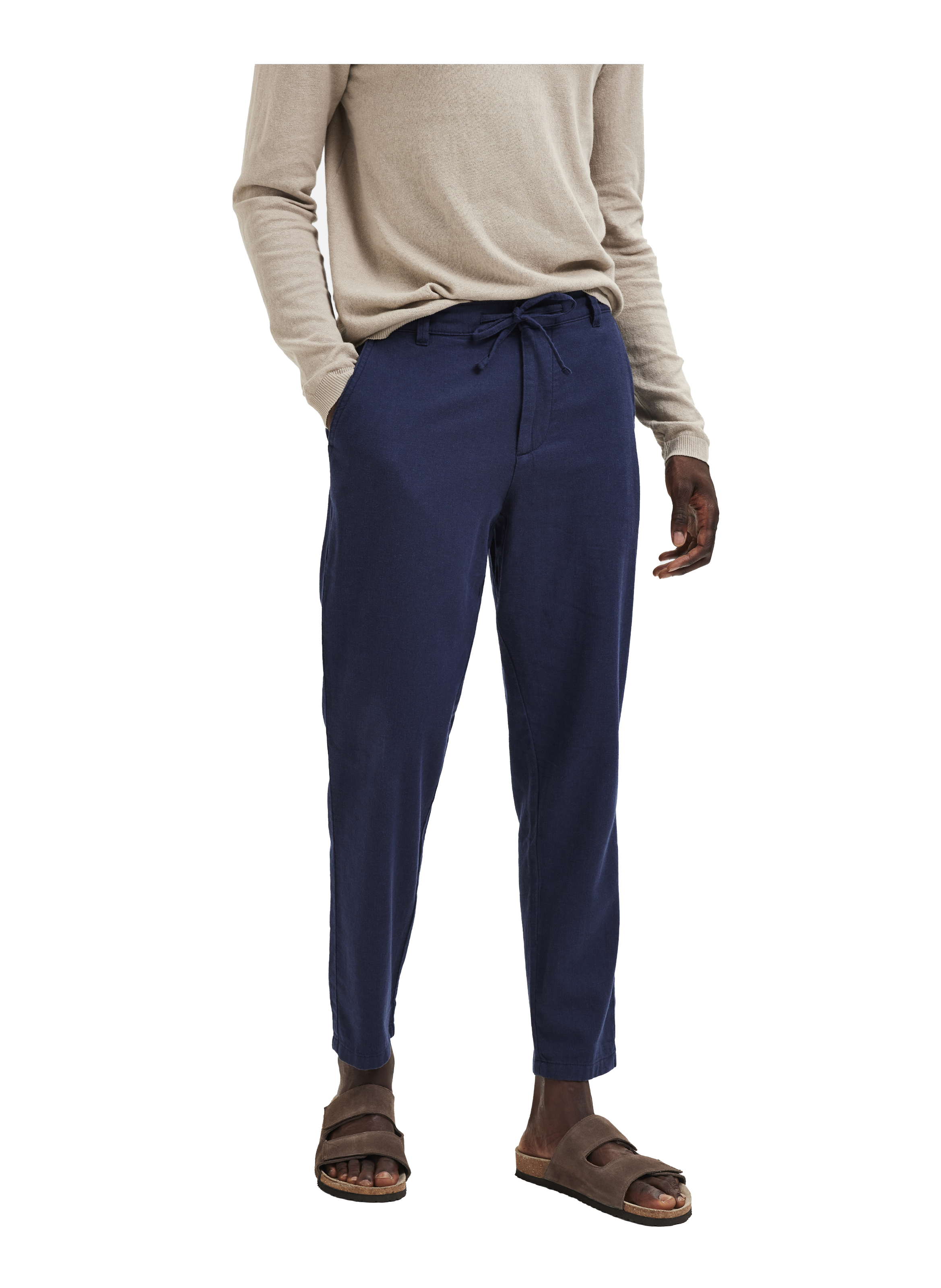 Pantalon fuselé en coton et lin mélangé SELECTED Bleu