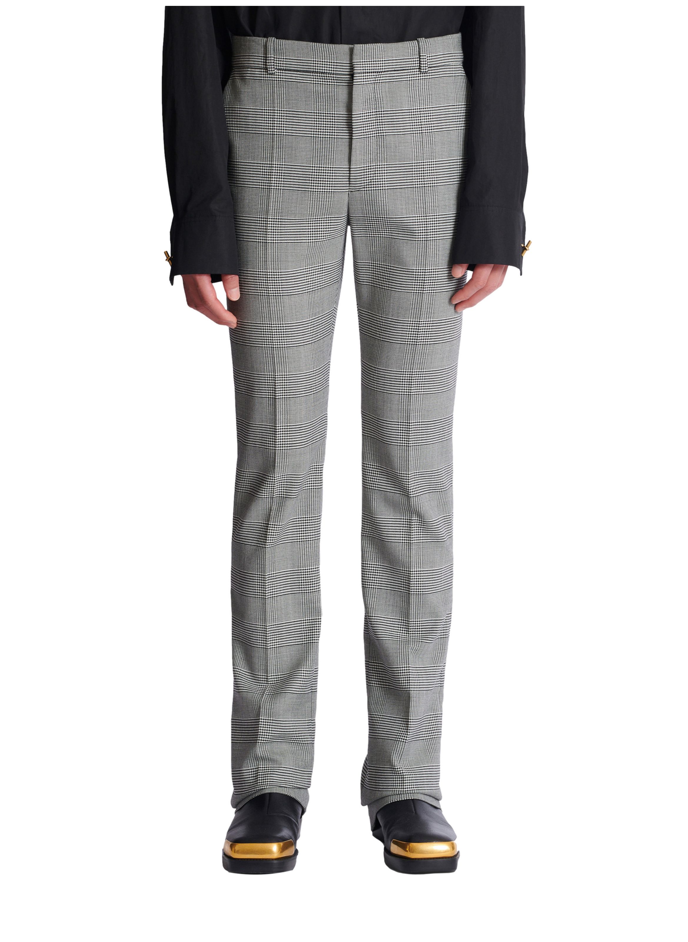 Pantalon à pinces en laine prince de galles BALMAIN Noir