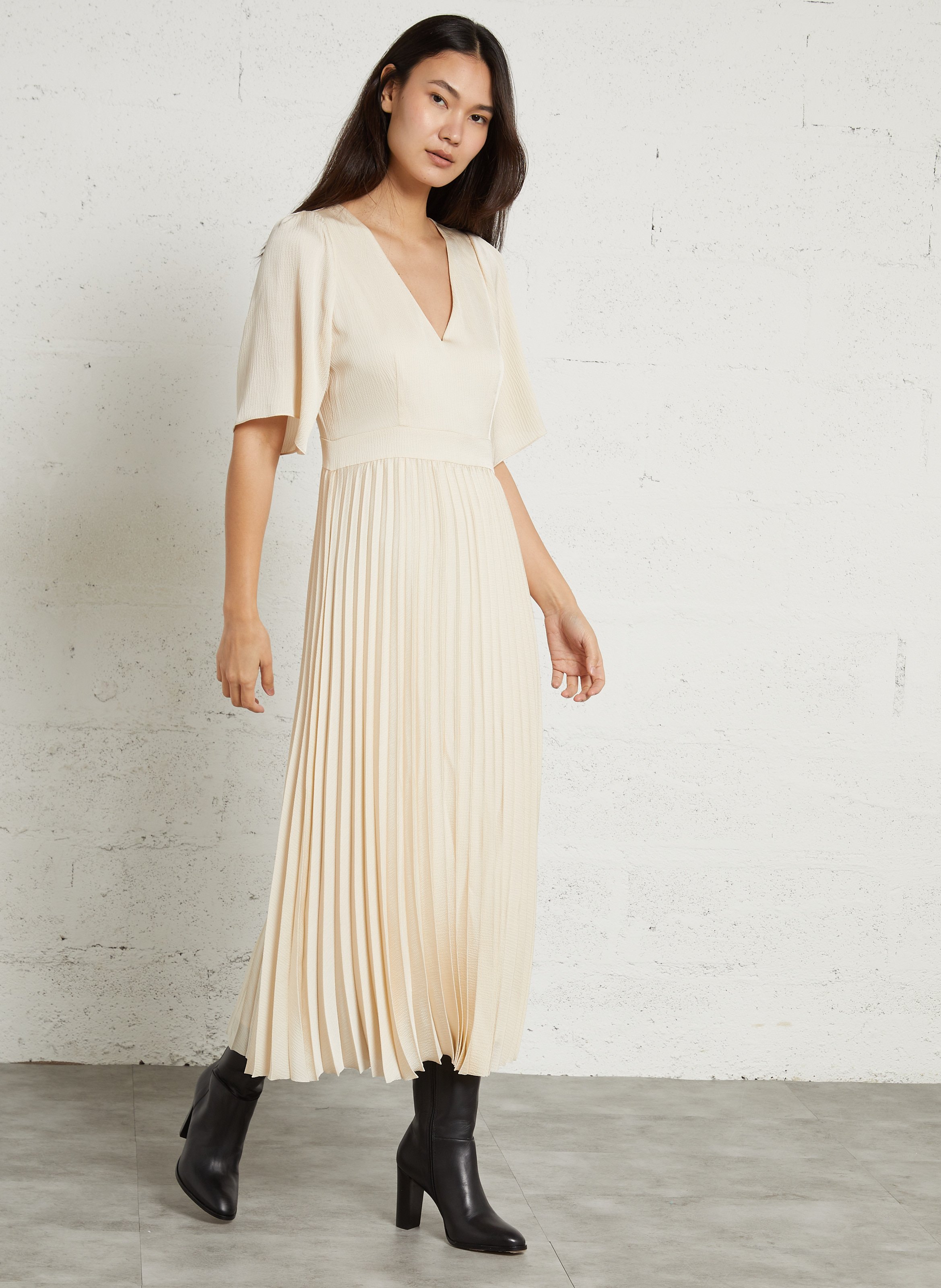 Robe longue col v plissée billie MAISON 123 Beige