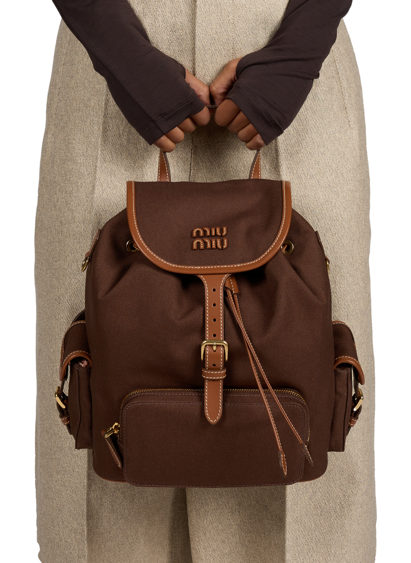 Canvas and leather backpack MIU MIU Brown
