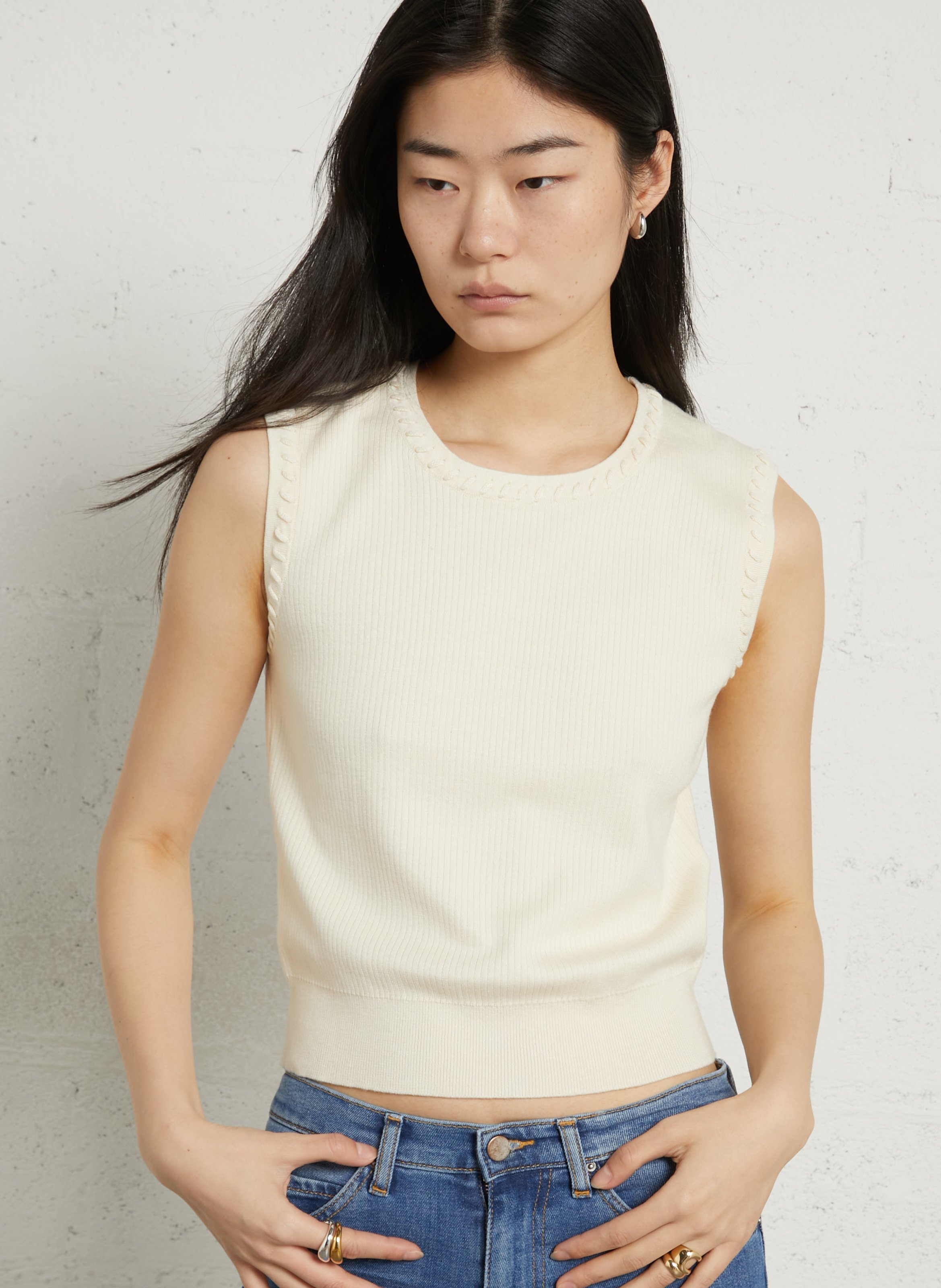 Top droit col rond en coton mélangé priscilla MAISON 123 Blanc