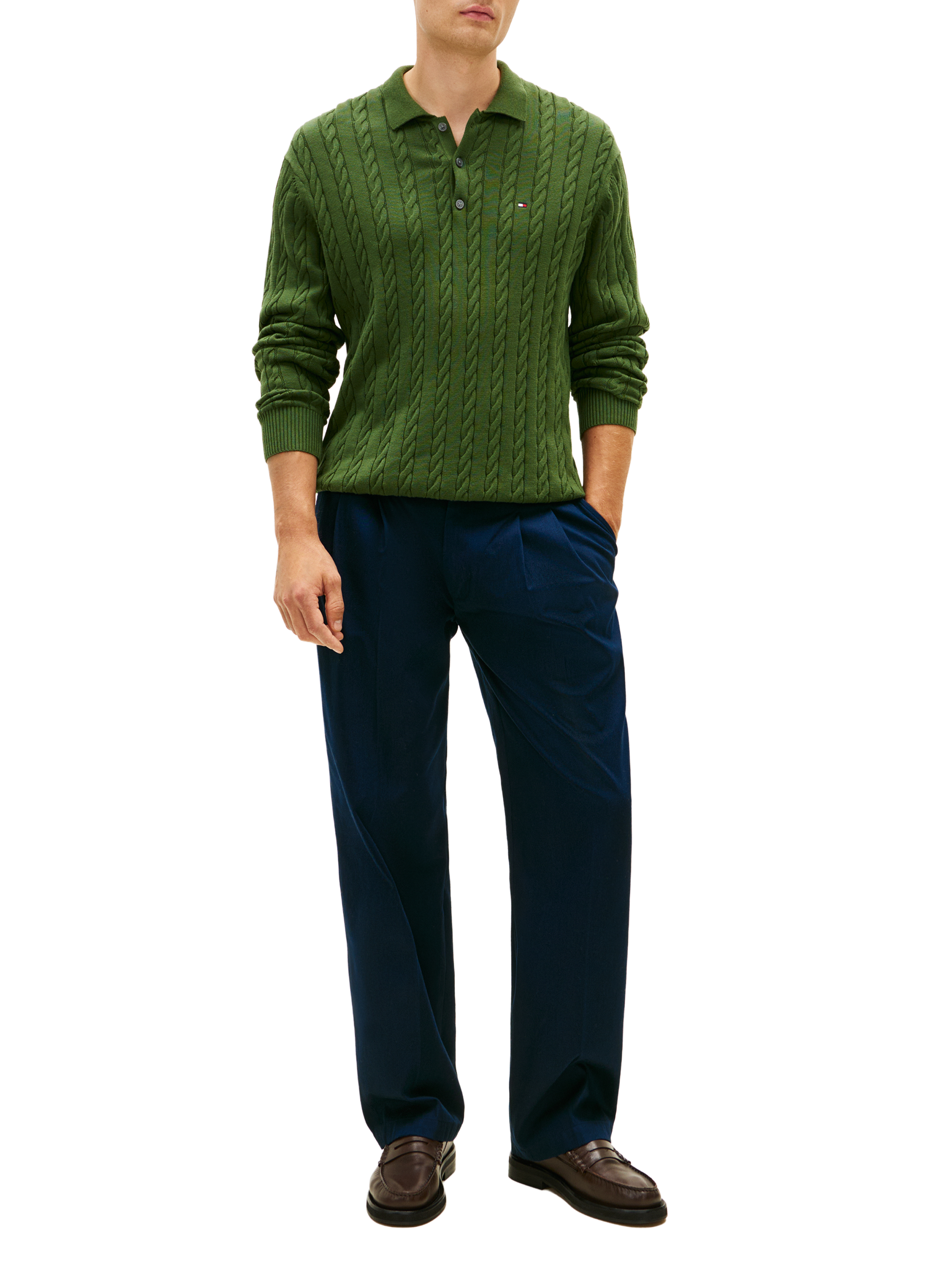 Pull en maille torsadée col v boutonnée TOMMY HILFIGER Vert