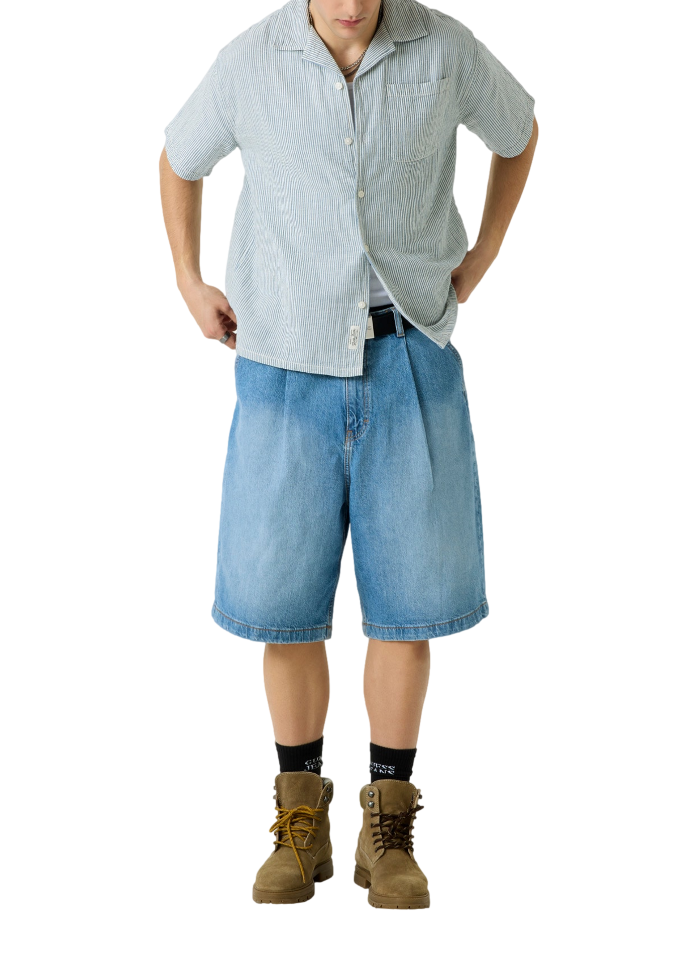 Short-sleeve striped shirt in cotton and linen GUESS Beige