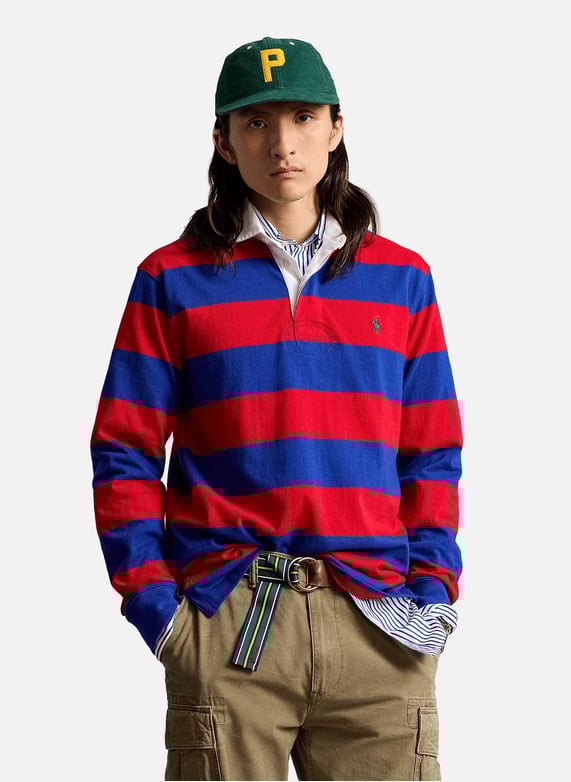 Red and blue striped polo shirt hotsell