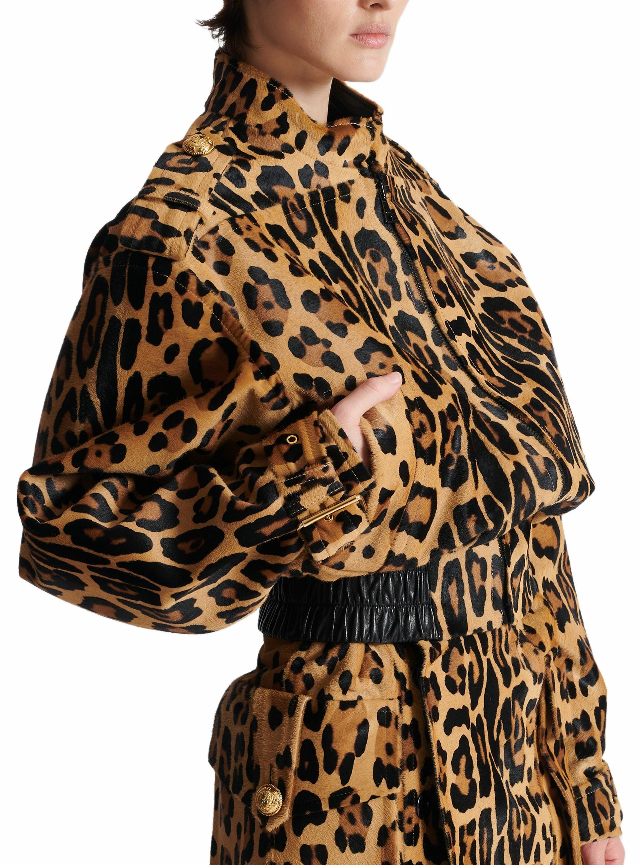 Bomber en cuir façon pony imprimé motif léopard BALMAIN Marron