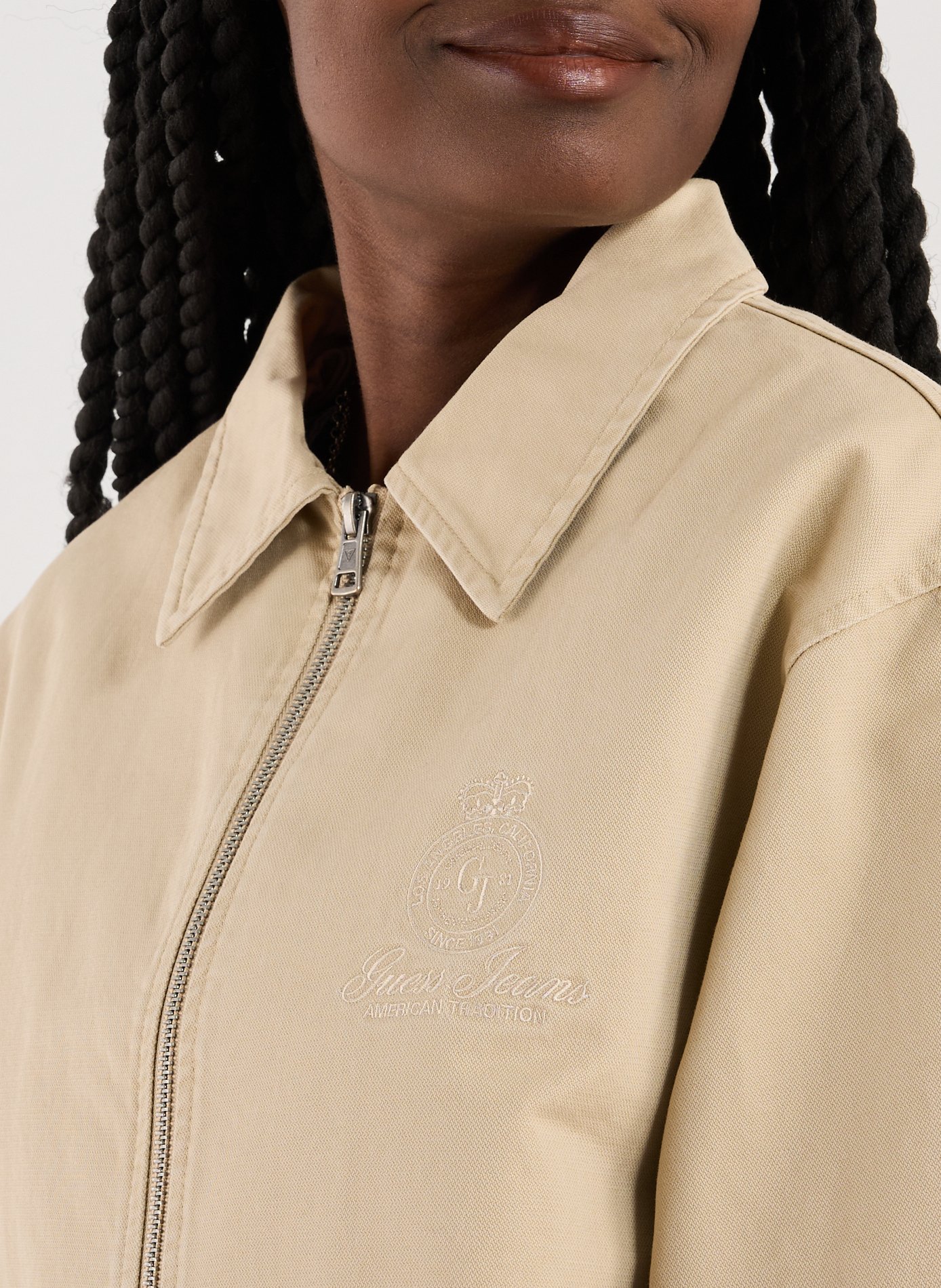 Embroidered cotton bomber jacket GUESS Beige