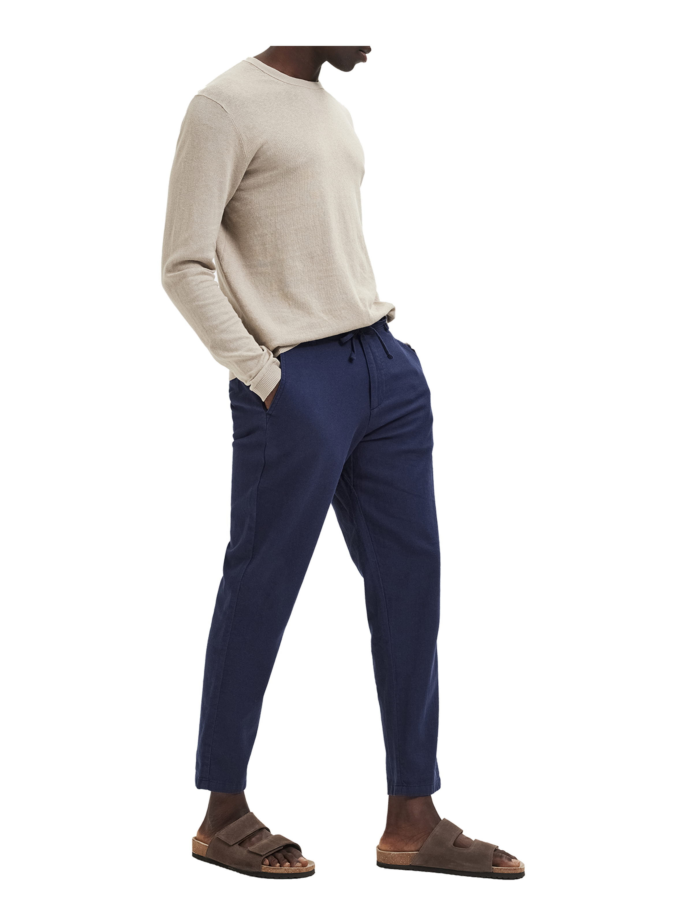 Pantalon fuselé en coton et lin mélangé SELECTED Bleu